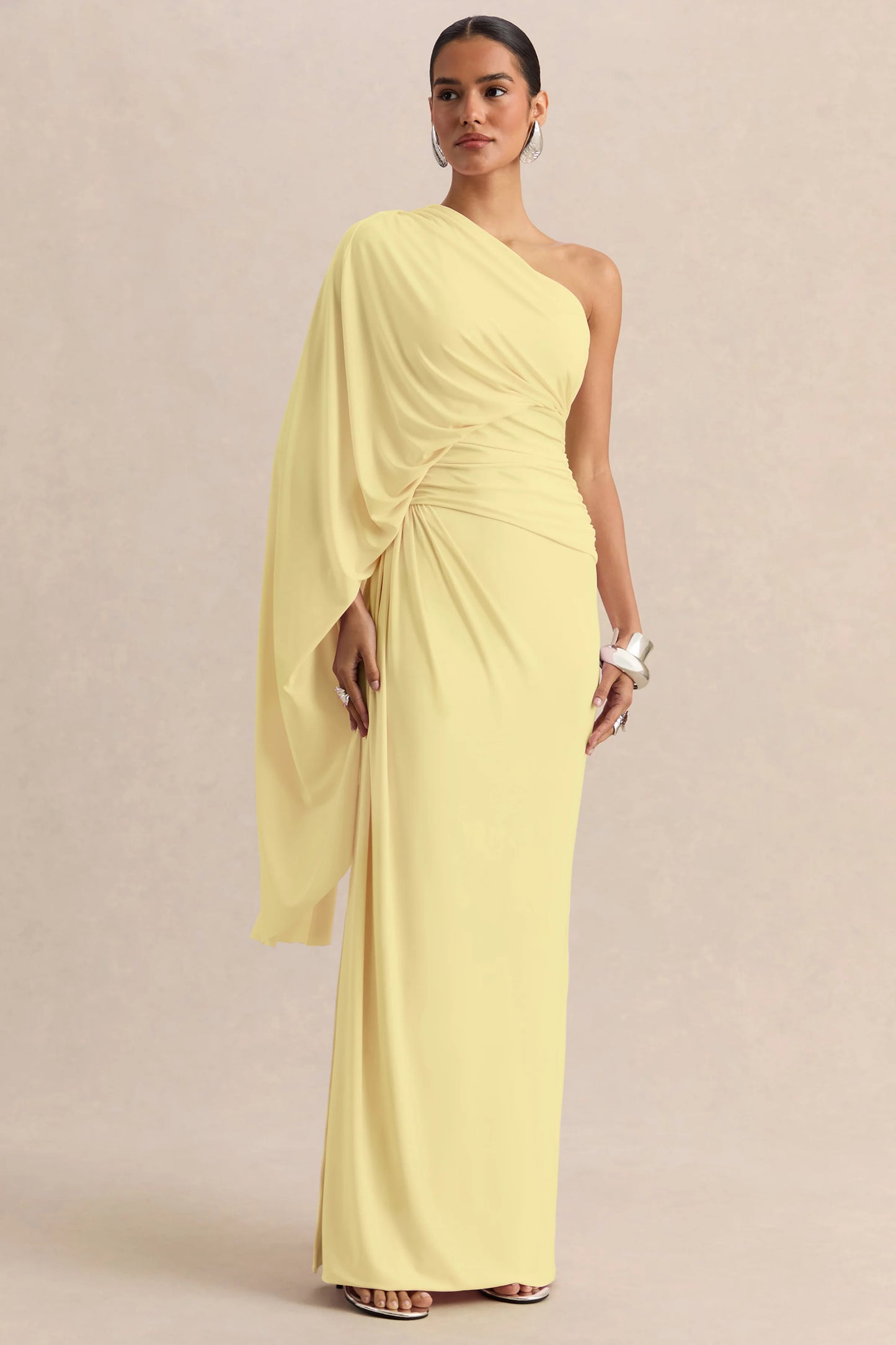 Sabella Lemon Asymmetric-Neck Maxi Dress