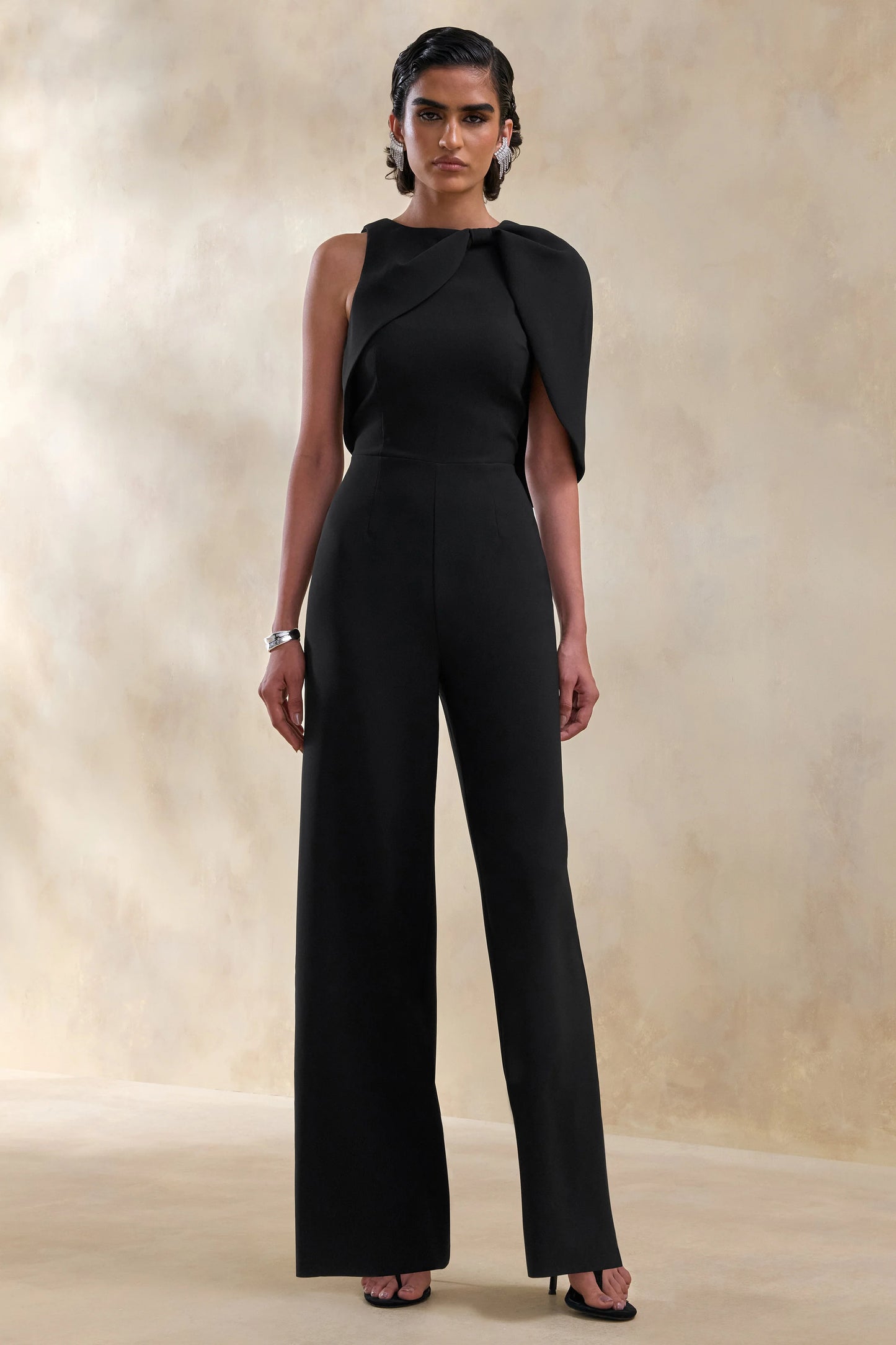 Quinley Black Asymmetric-Neck Jumpsuit With Cape-Sleeve