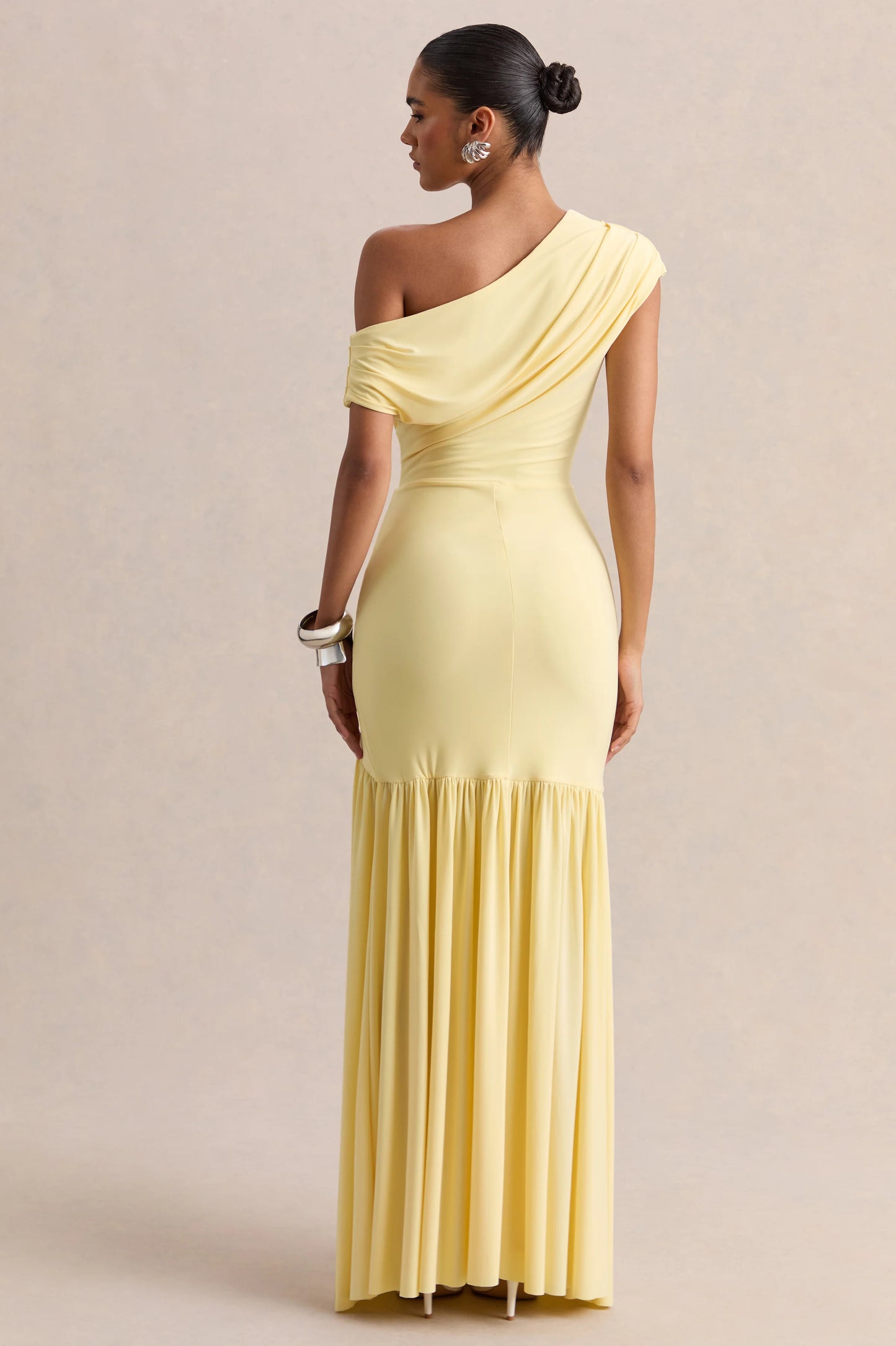 Kady Lemon Asymmetric-Neck Maxi Dress With Ruched Detailing
