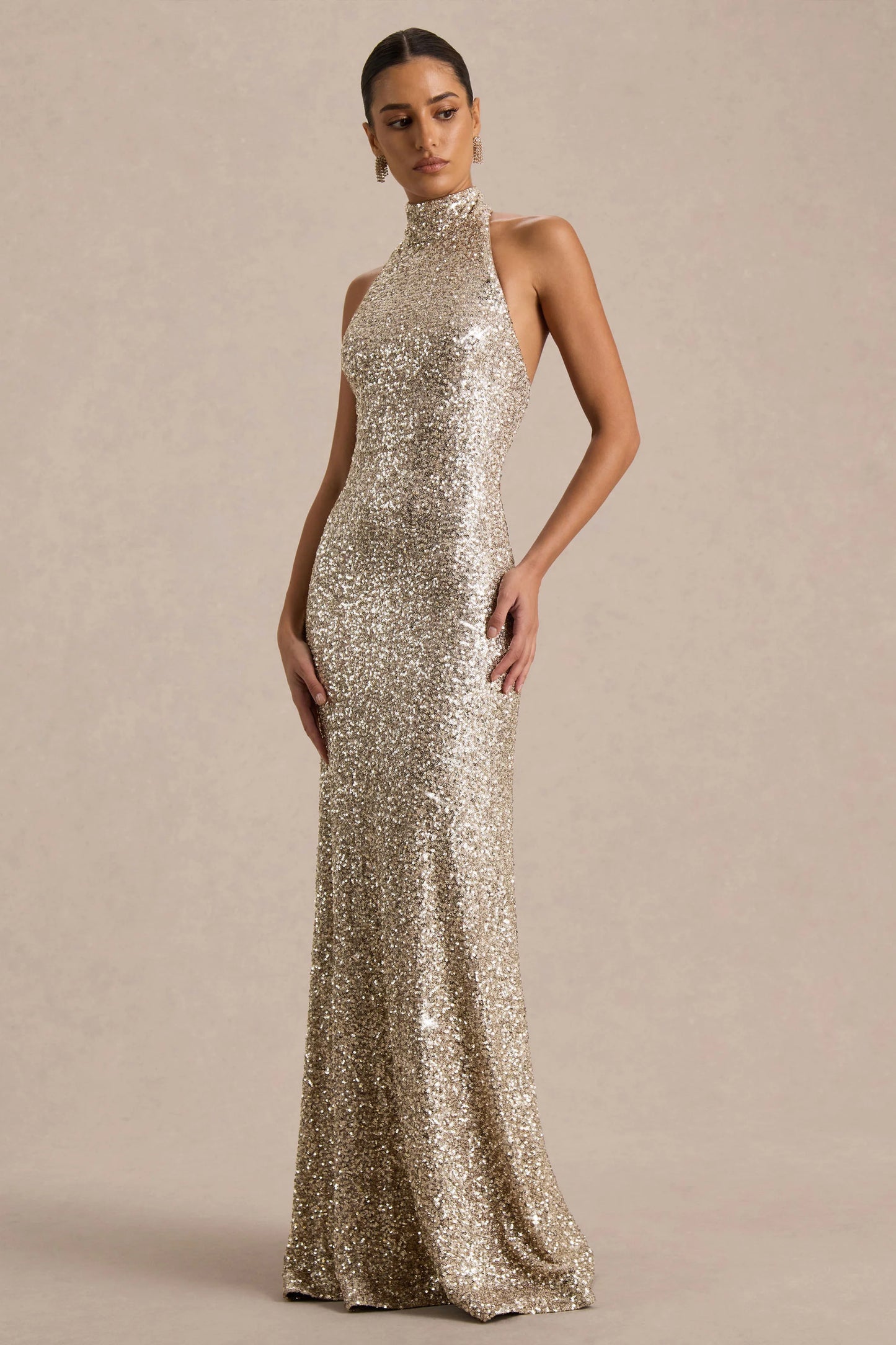 Tulia Gold Sequin High-Neck Maxi Dress