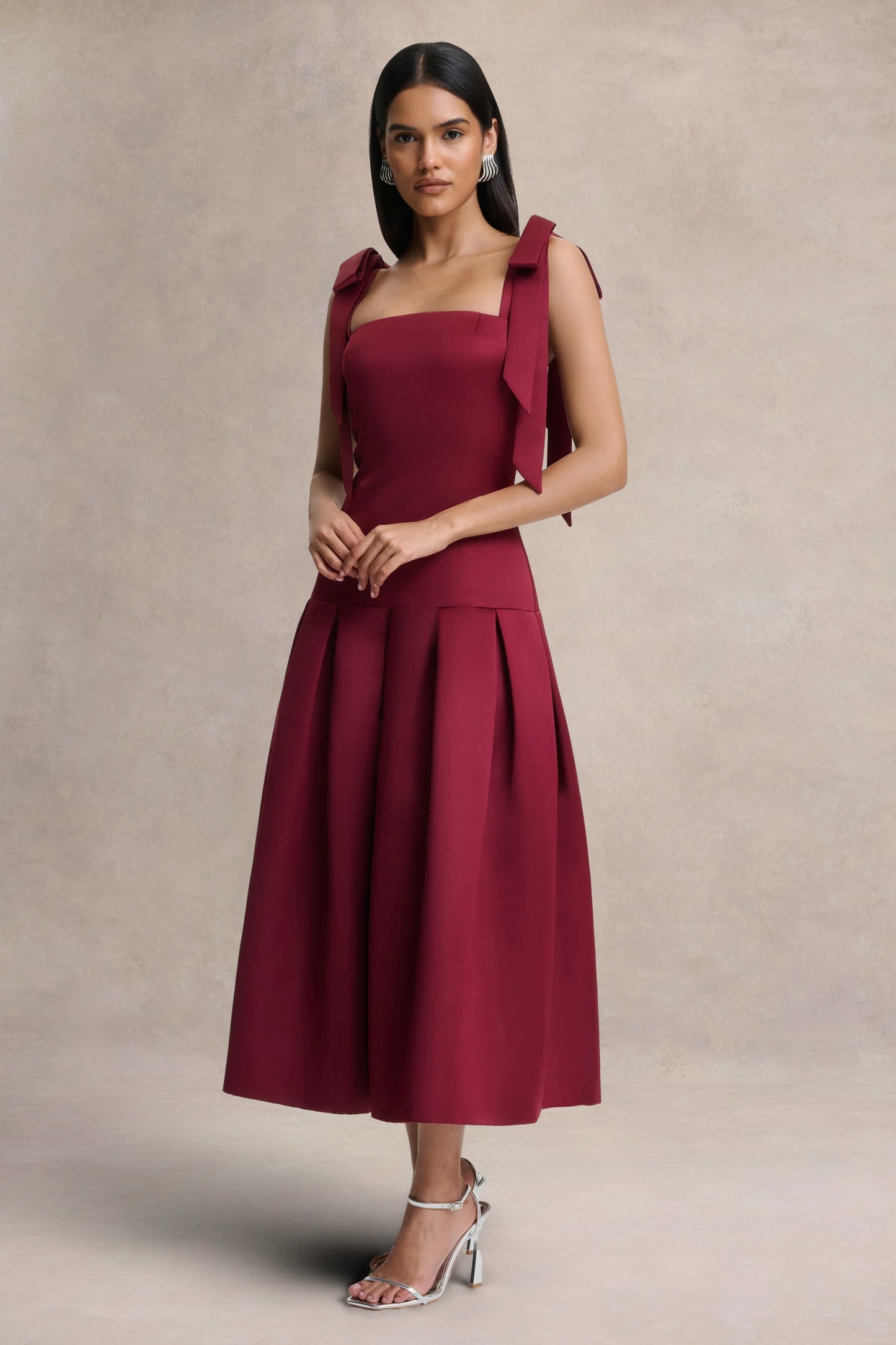 Alberta Burgundy Satin Square-Neck Midi Dress With Bow Straps