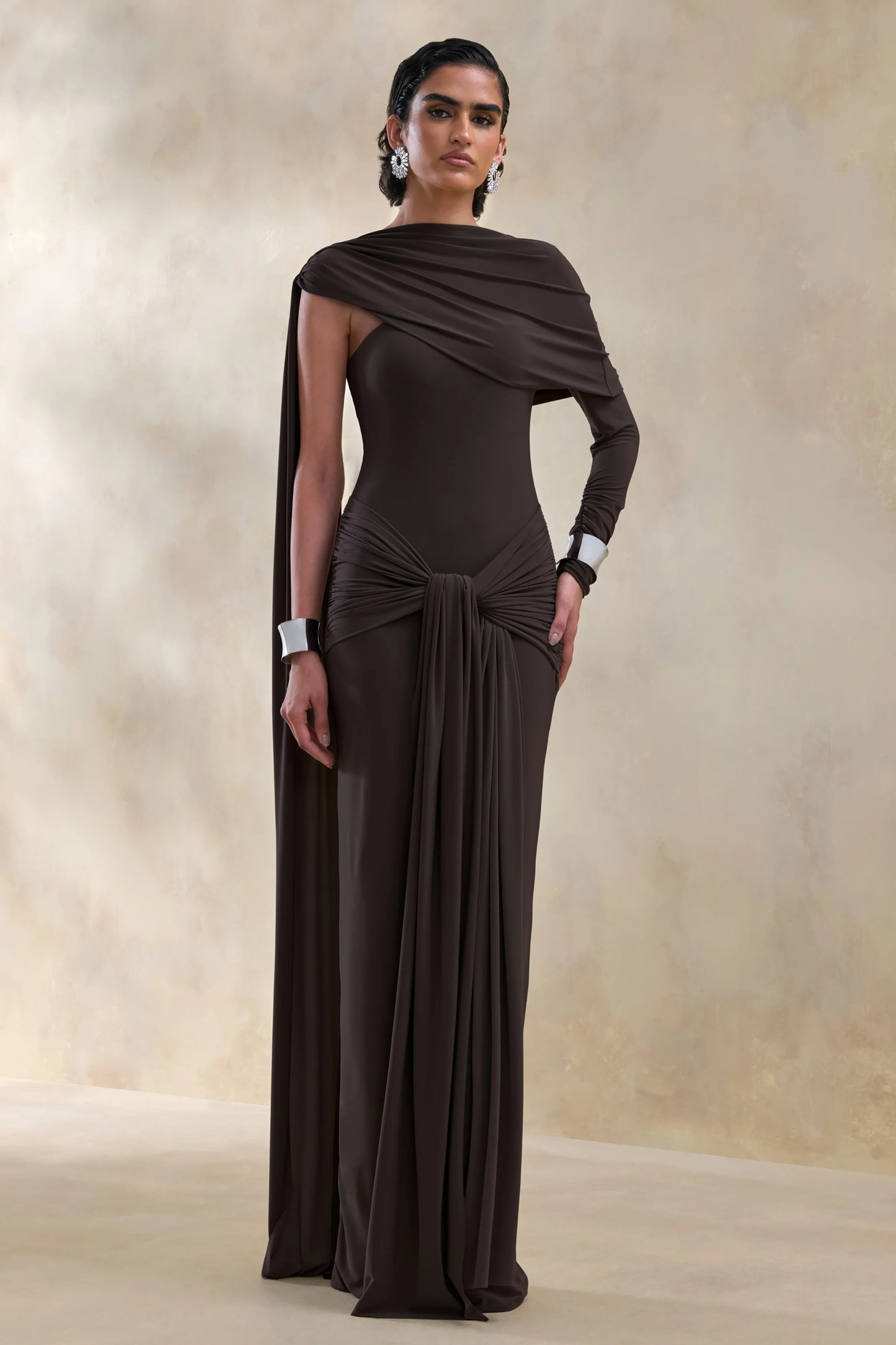 Trisara Brown Asymmetric-Neck Maxi Dress With Gathered-Detailing And Sash