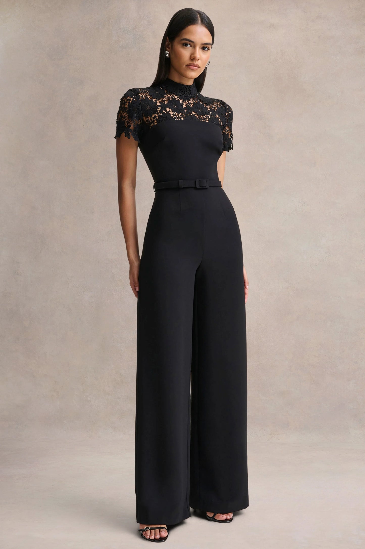 Orlina Black High-Neck Jumpsuit With Lace Detailing