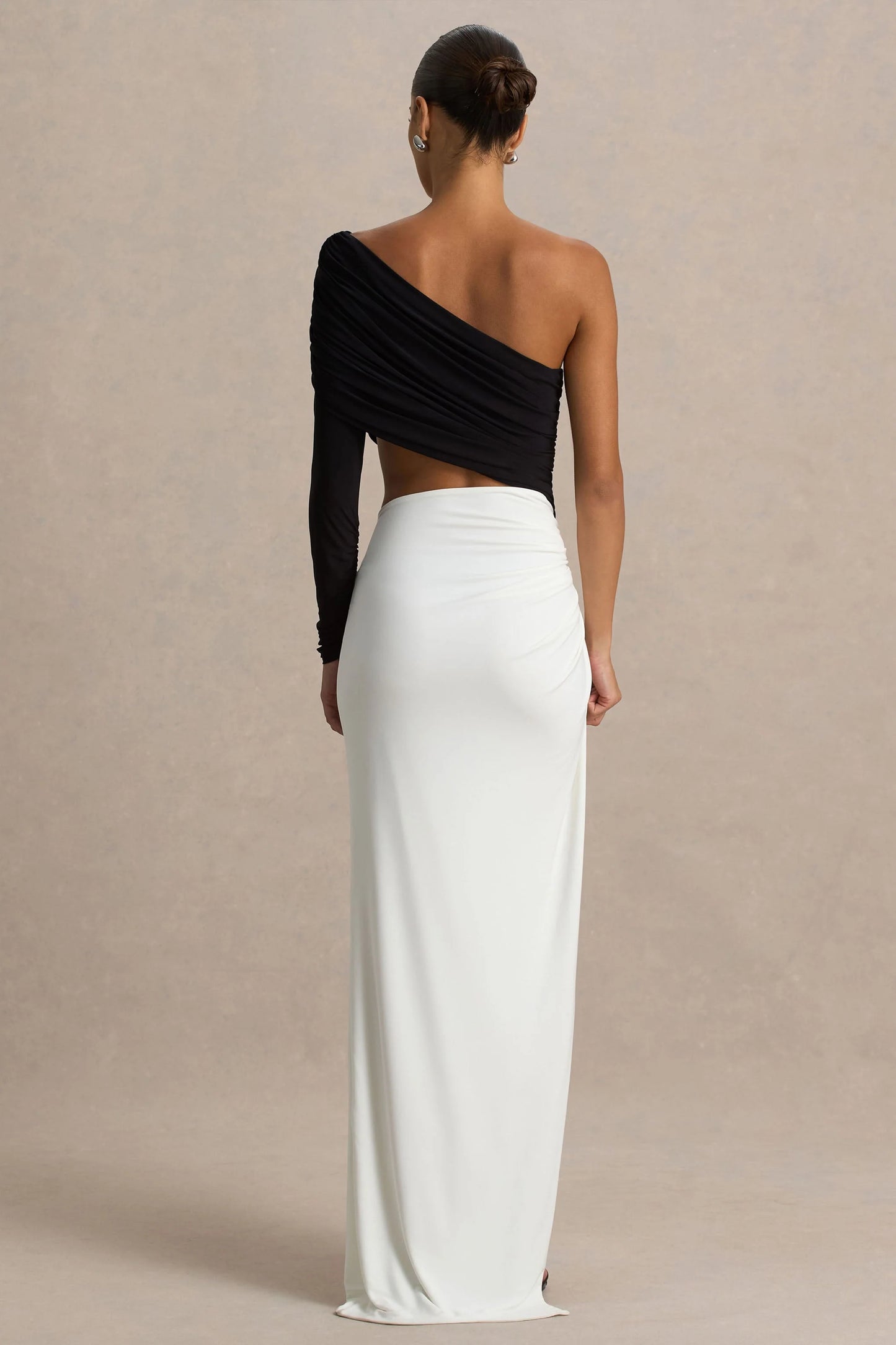 Malika Black And White Asymmetric-Neck Maxi Dress With Body-Cut Out And Gathered Detailing