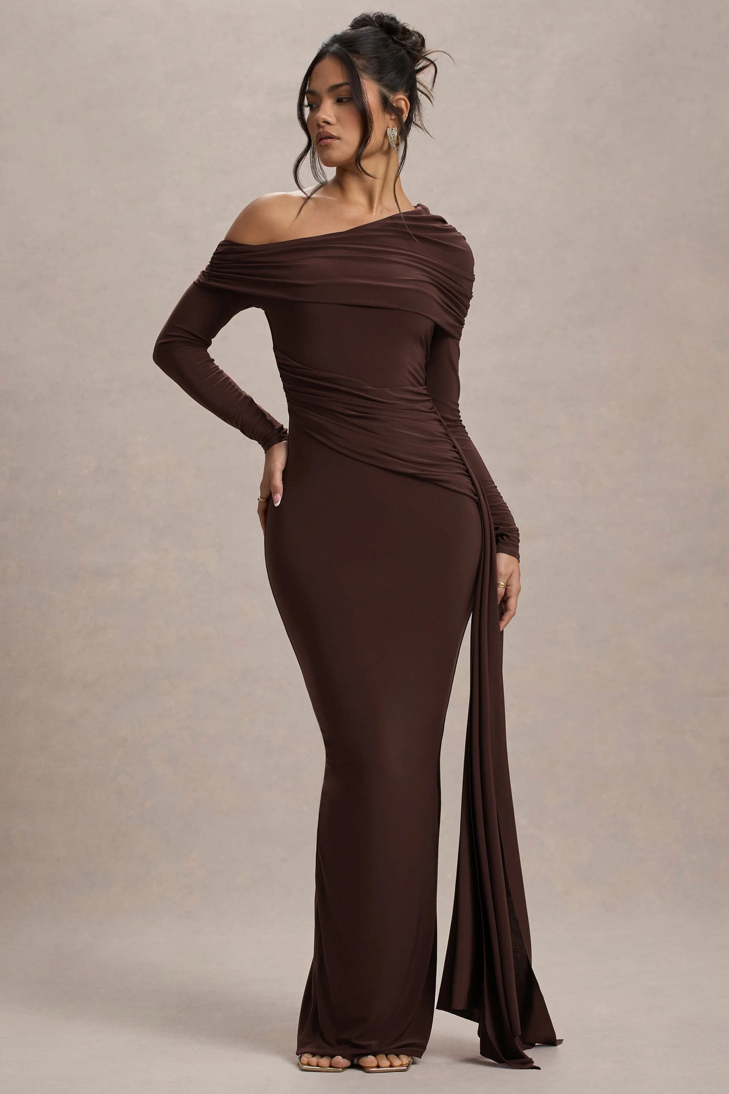 Valina Brown Ruched Asymmetric Maxi Dress With Drape