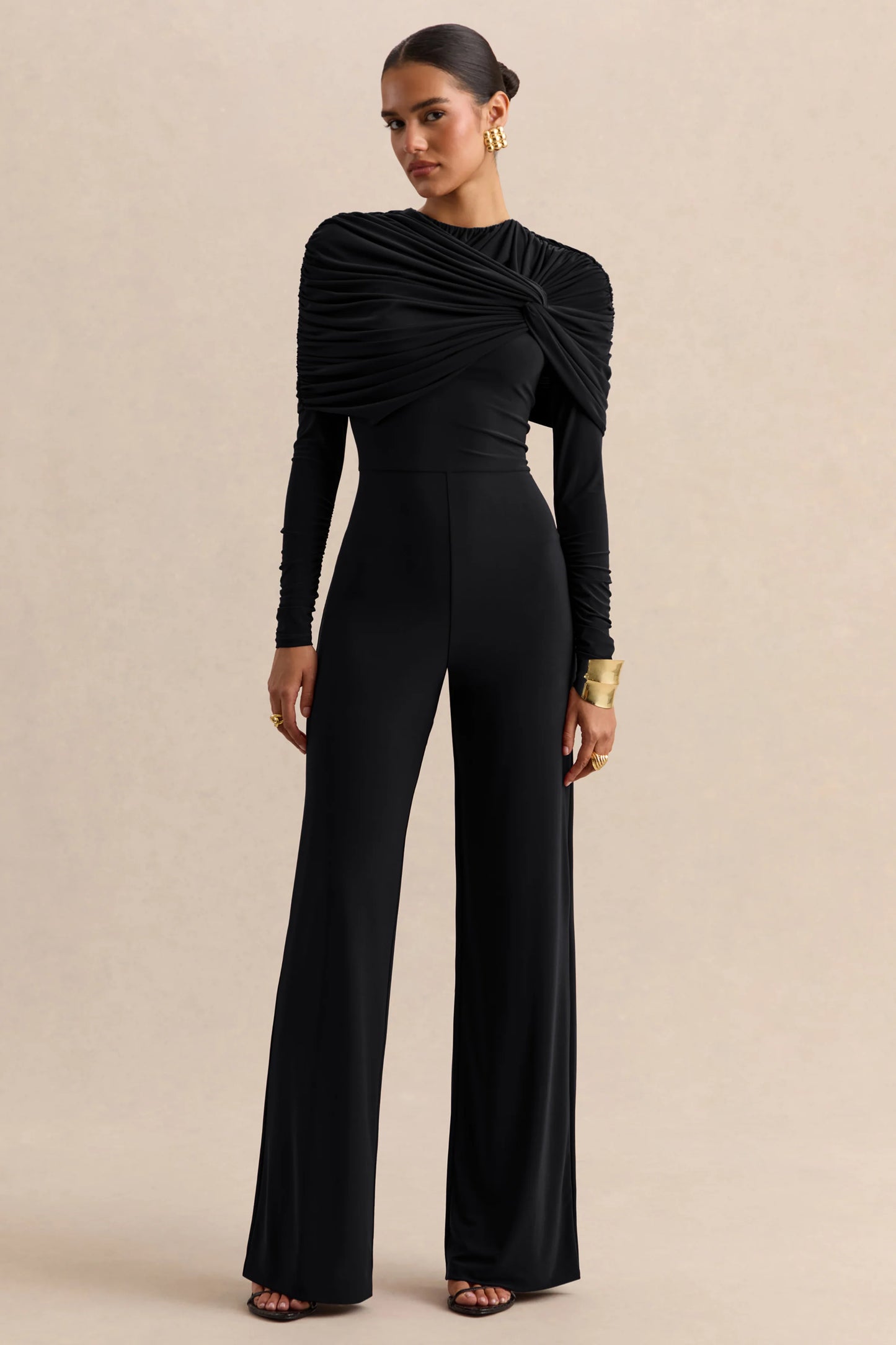 Eloura Black High-Neck Jumpsuit With Twist-Gathered Detail