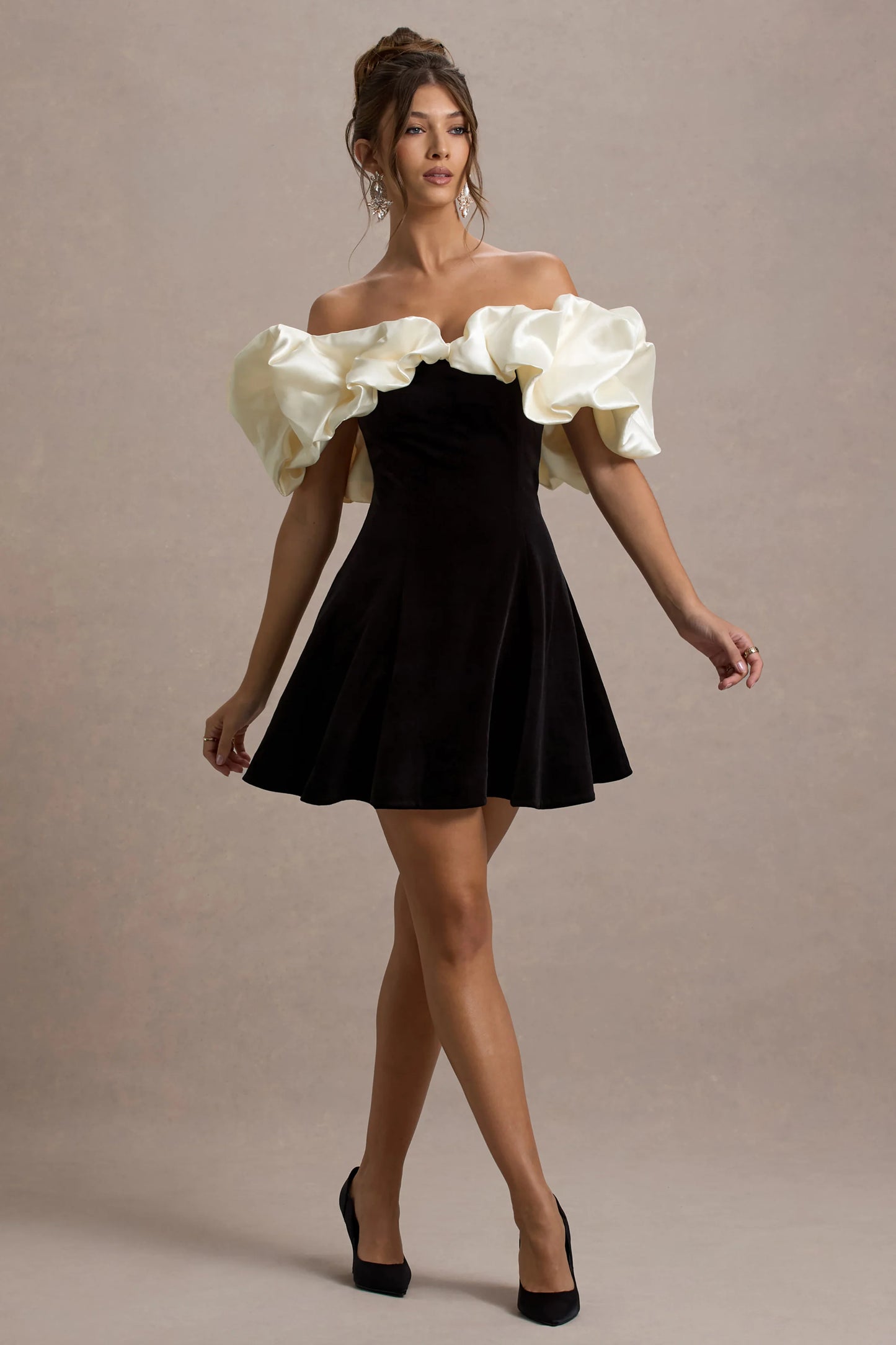Brynne Black & Cream Velvet Mini Dress With Satin Puff Sleeves