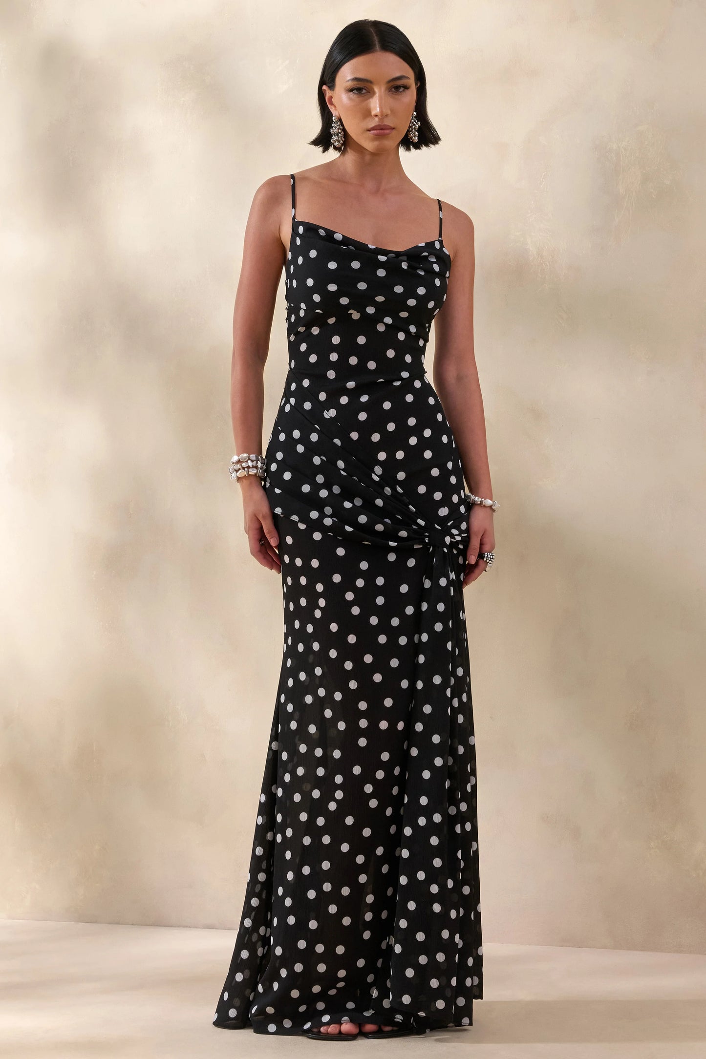 Virtue Black & White Polka Dot Cowl-Neck Fishtail Maxi Dress With Split