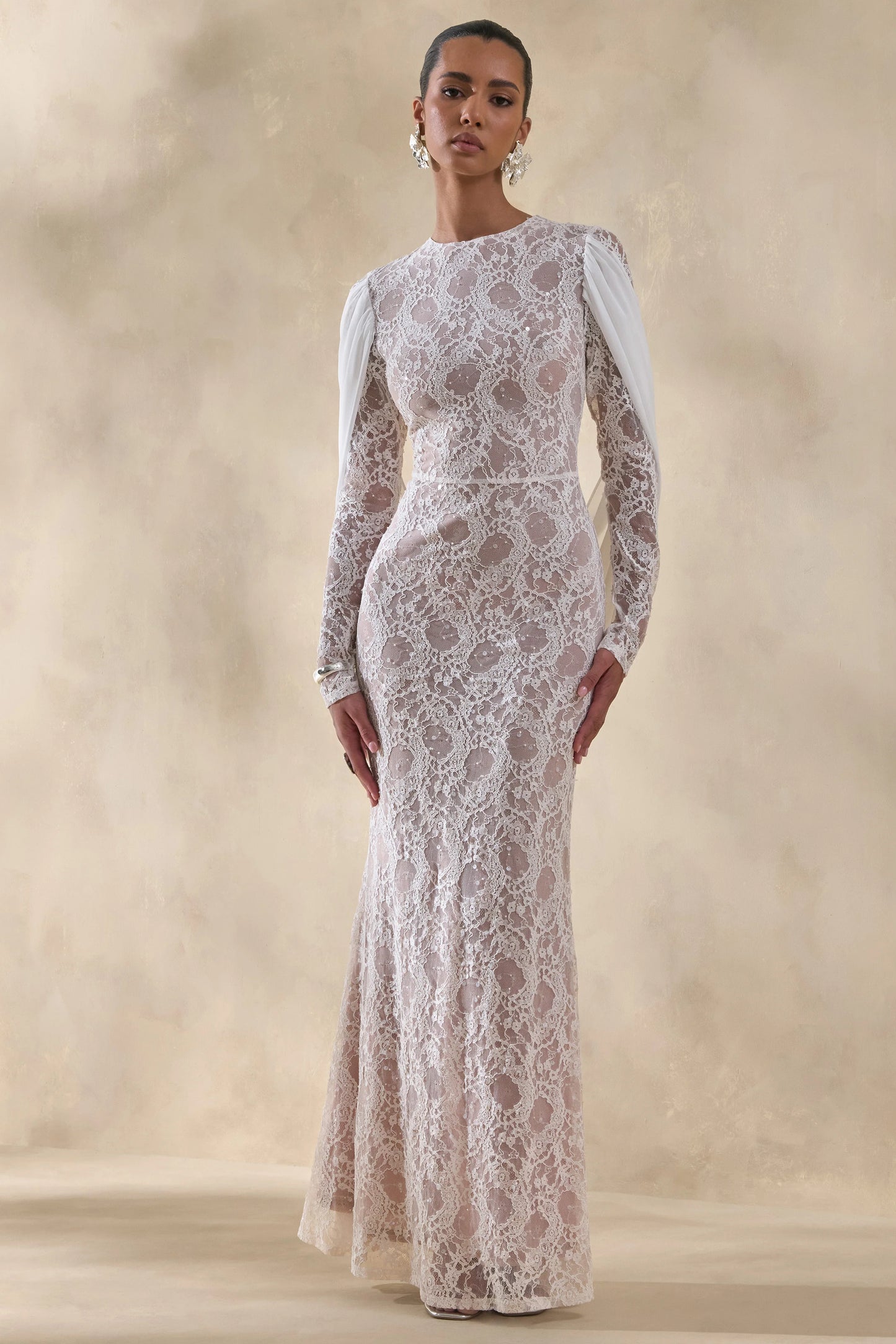 Nabina White Lace Crew-Neck Maxi Dress With Draped Back-Detail