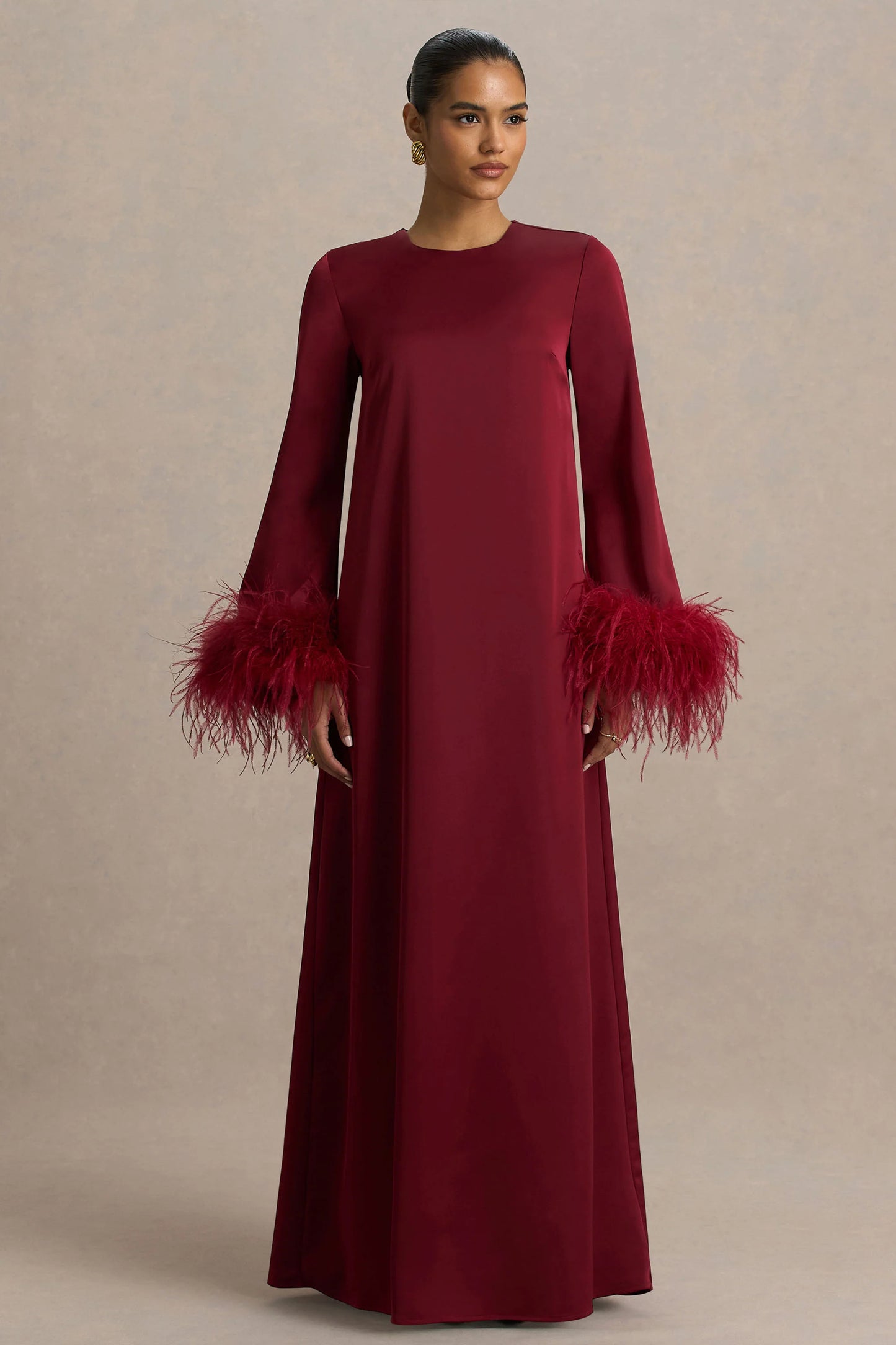Adella Burgundy Satin Feather-Trim Maxi Dress