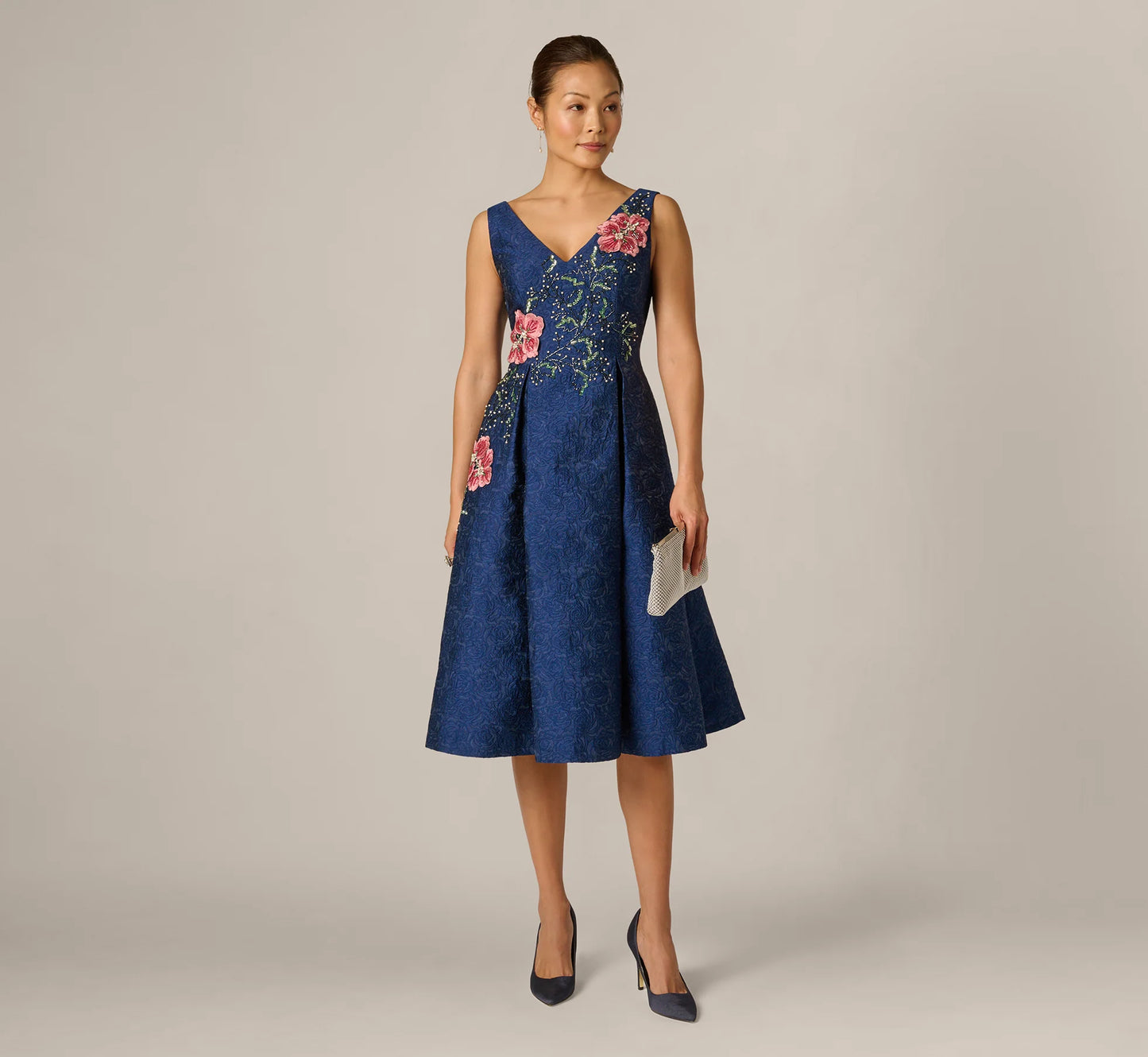 Jacquard Floral Beaded Fit And Flare Midi Dress In Midnight Multi