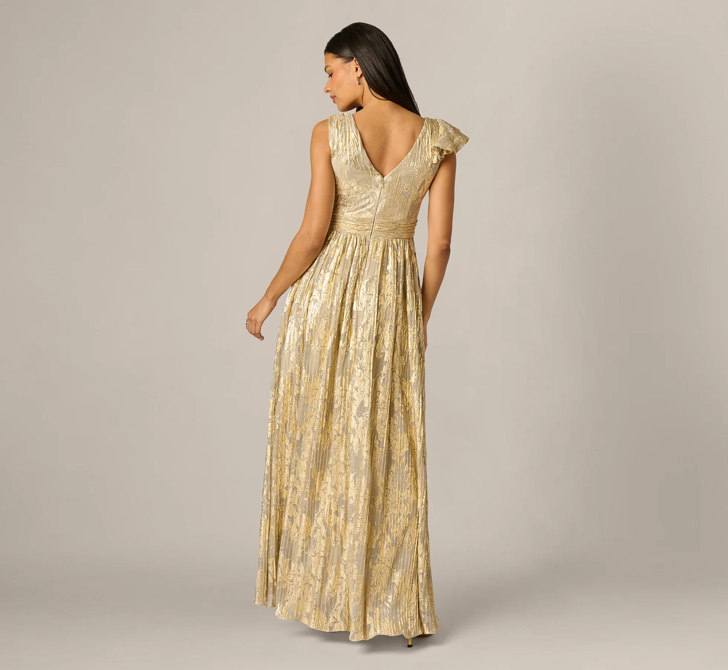 Sleeveless Metallic Crinkle Ruffle Gown In Champagne Gold