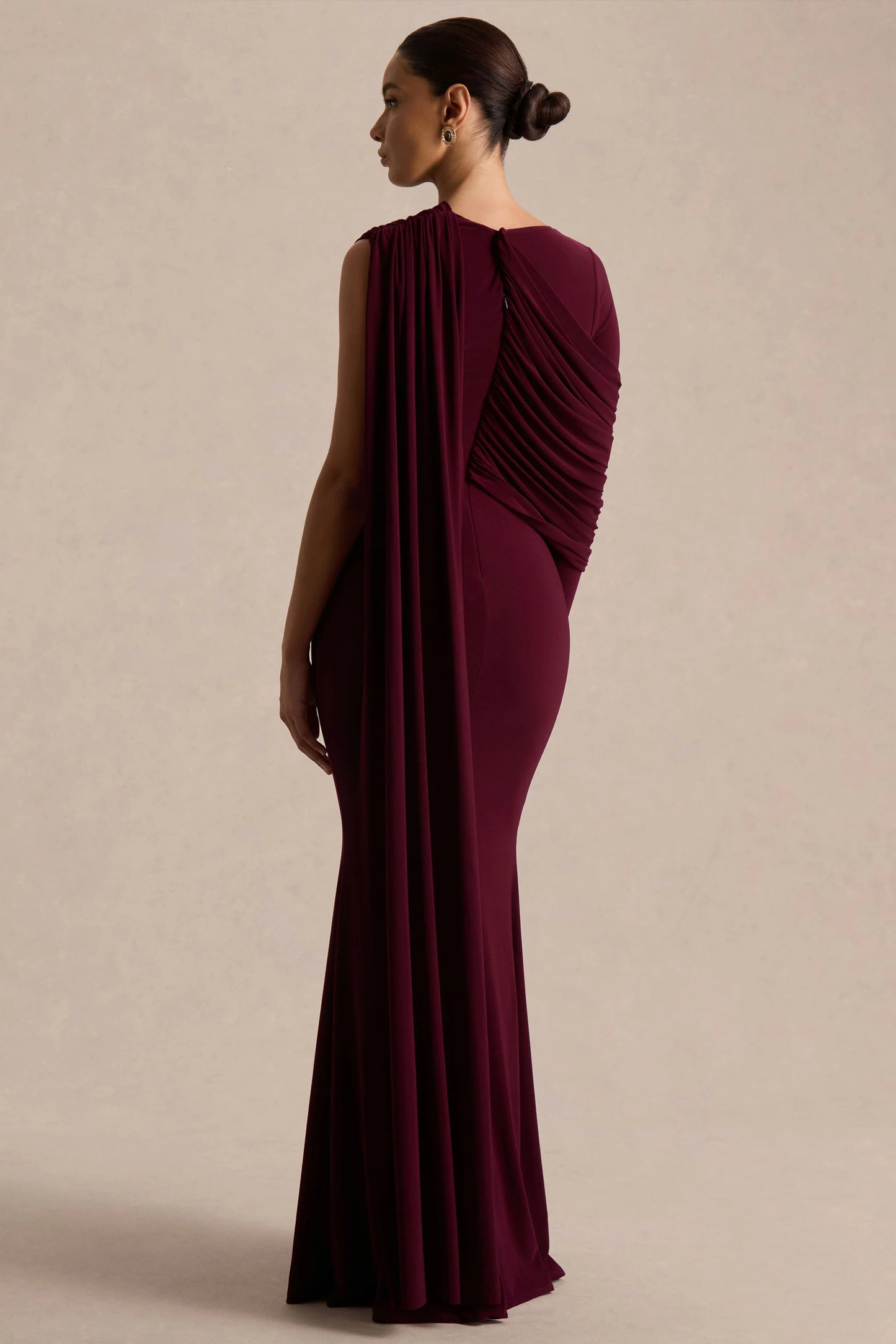 Rubelle Burgundy Asymmetric Neck Maxi Dress With Draped Detailing