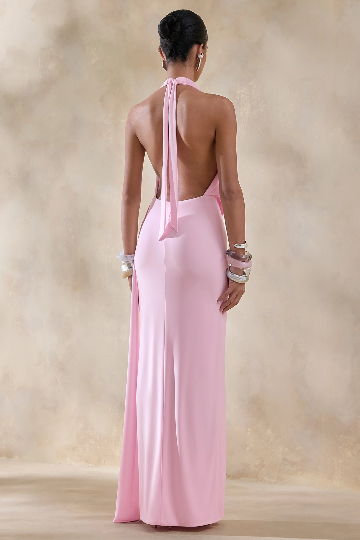 Rosina Pink Halter-Neck Draped Maxi Dress With Sash