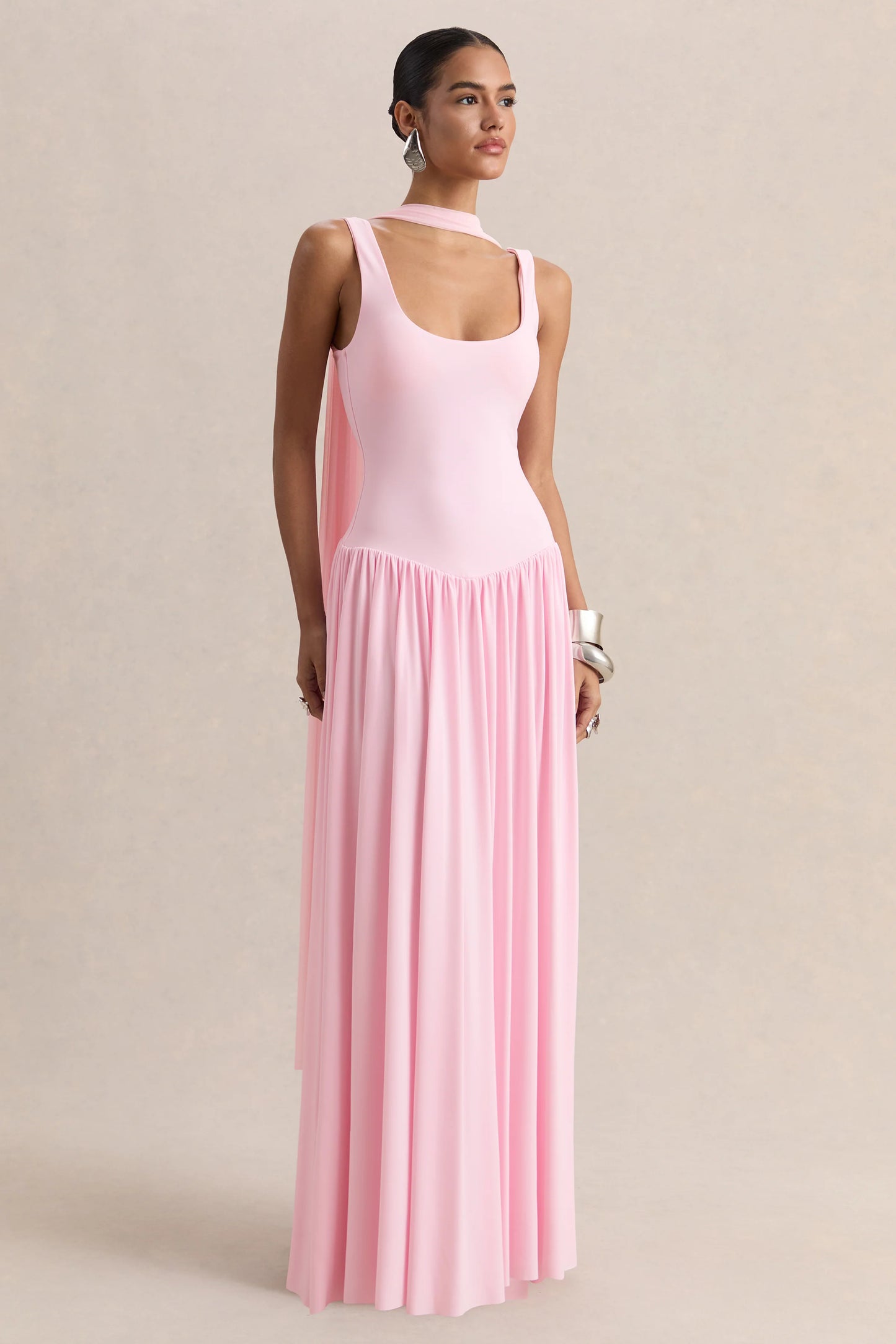 Aurina Pink Square-Neck Maxi Dress With Scarf-Detail