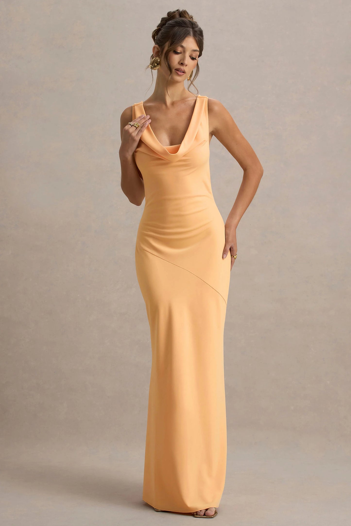 Alesso Peach Satin Cowl-Neck Slip-Maxi Dress