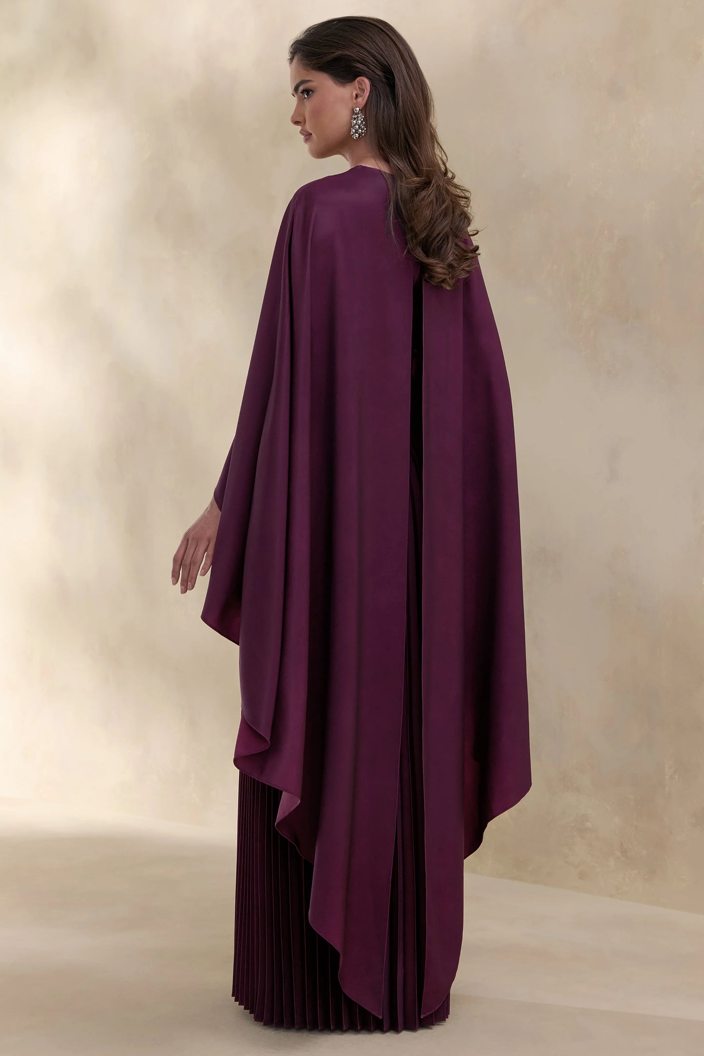Loradia Dark Plum Satin Round-Neck Maxi Dress With Cape-Sleeves And Pleated-Skirt