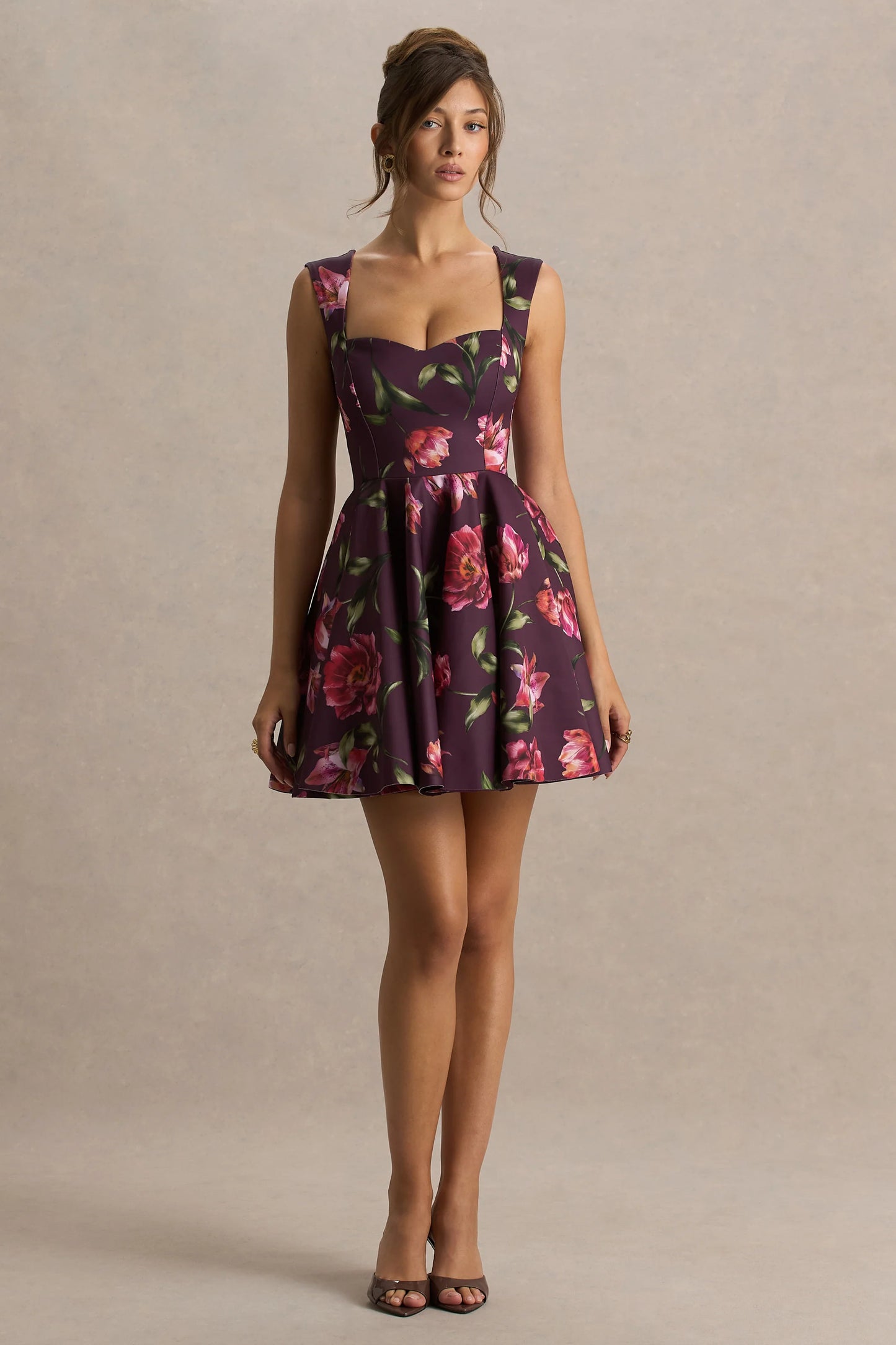 Magic Burgundy Floral Print Sweetheart-Neck Mini Dress.