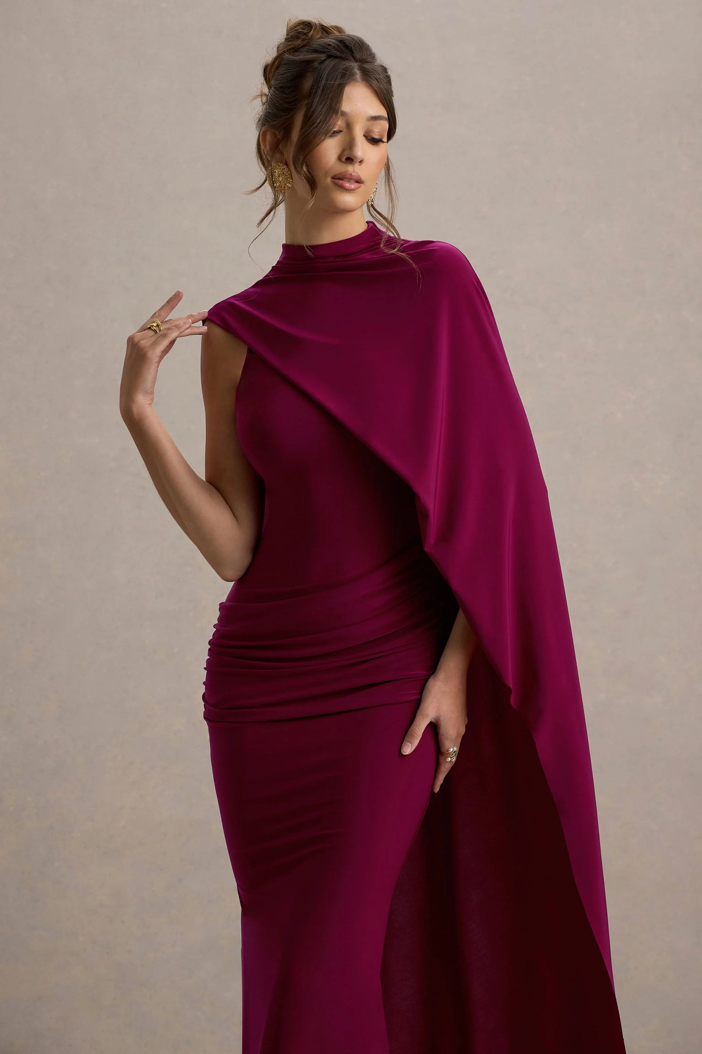 Maeve Burgundy Cape-Sleeve Draped Maxi Dress