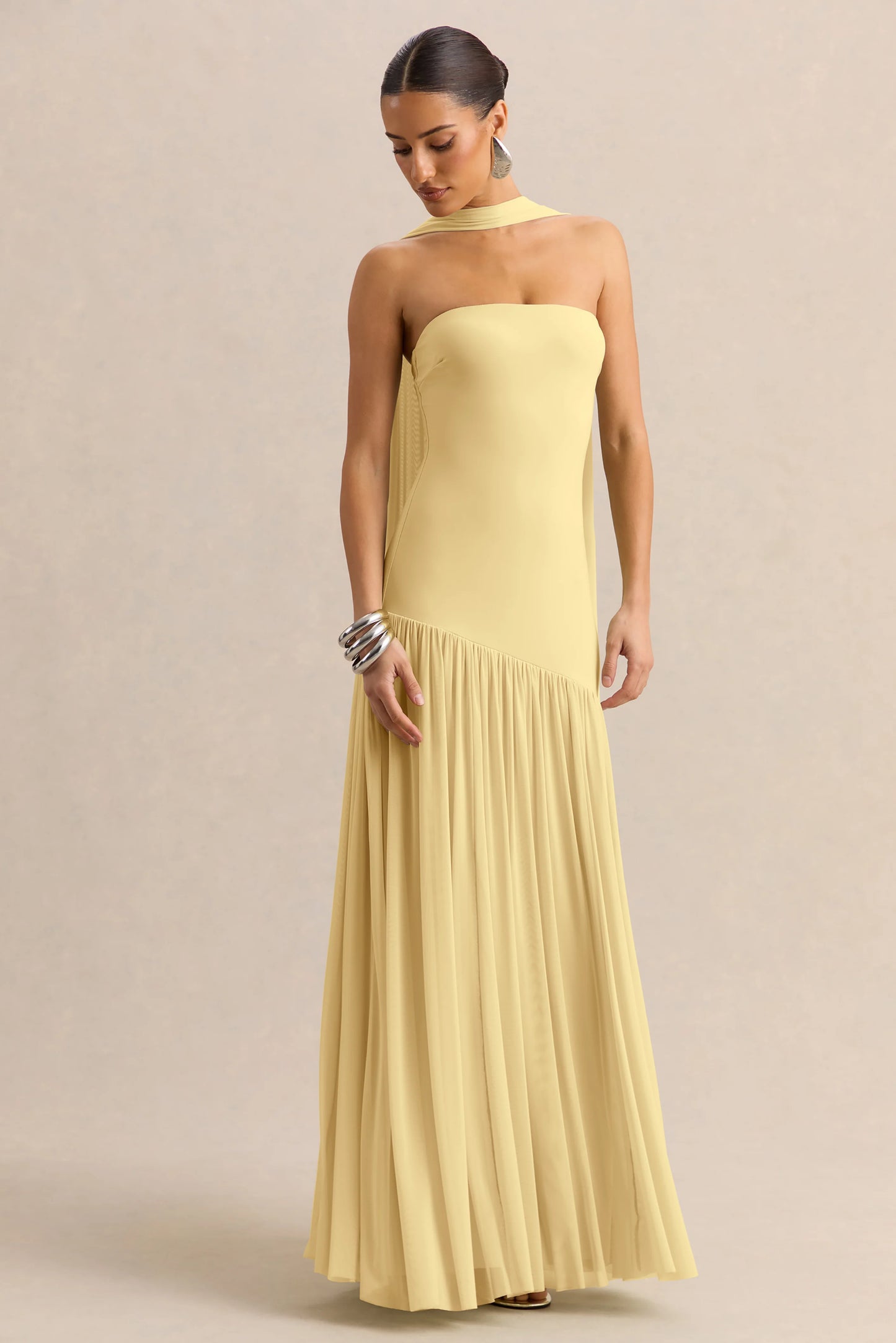 Bambi Lemon Bandeau-Neck Maxi Dress With Scarf-Detail