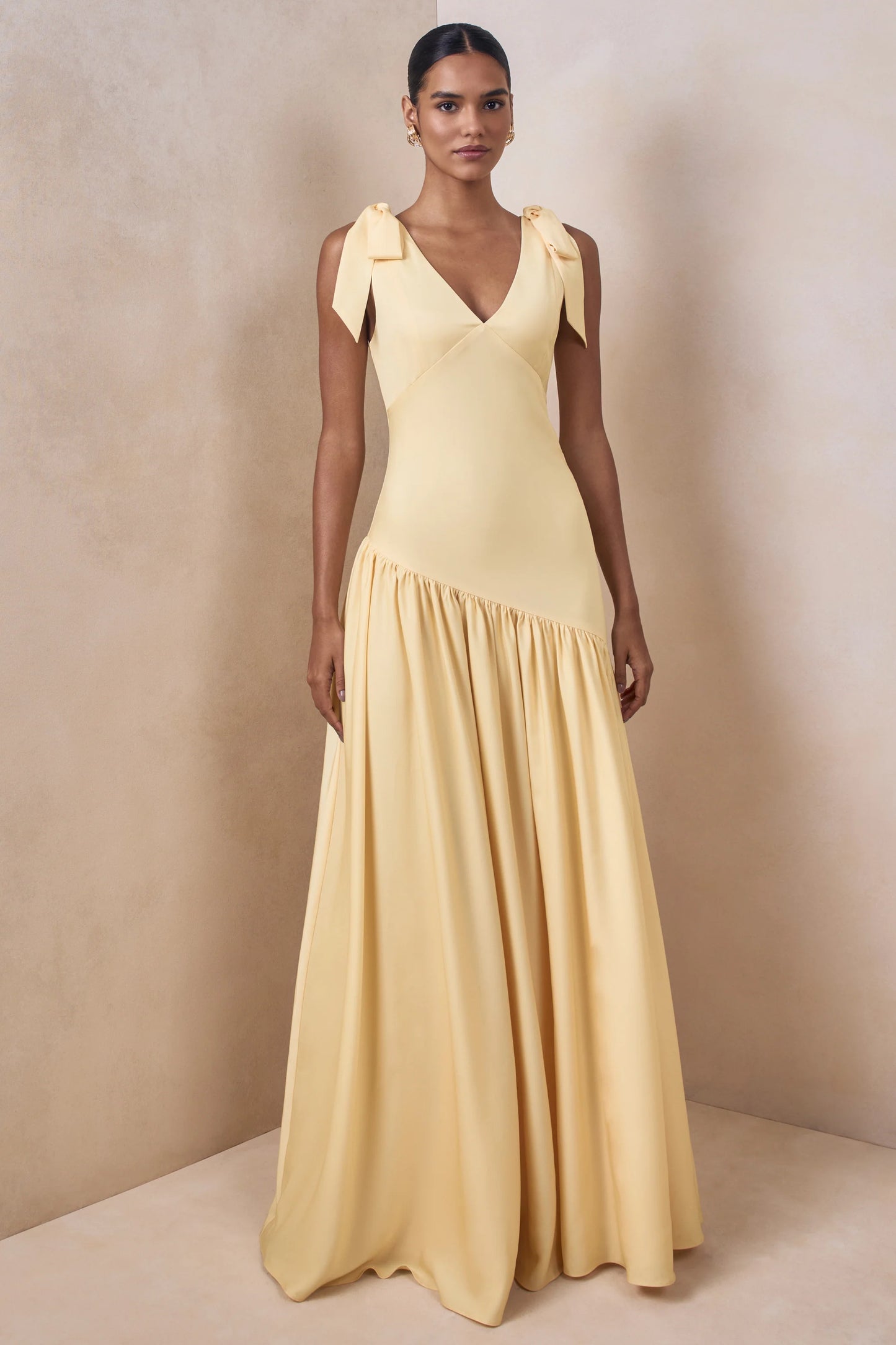 Cala Lemon Matte Satin Plunge-Neck Maxi Dress With Bow-Sleeves