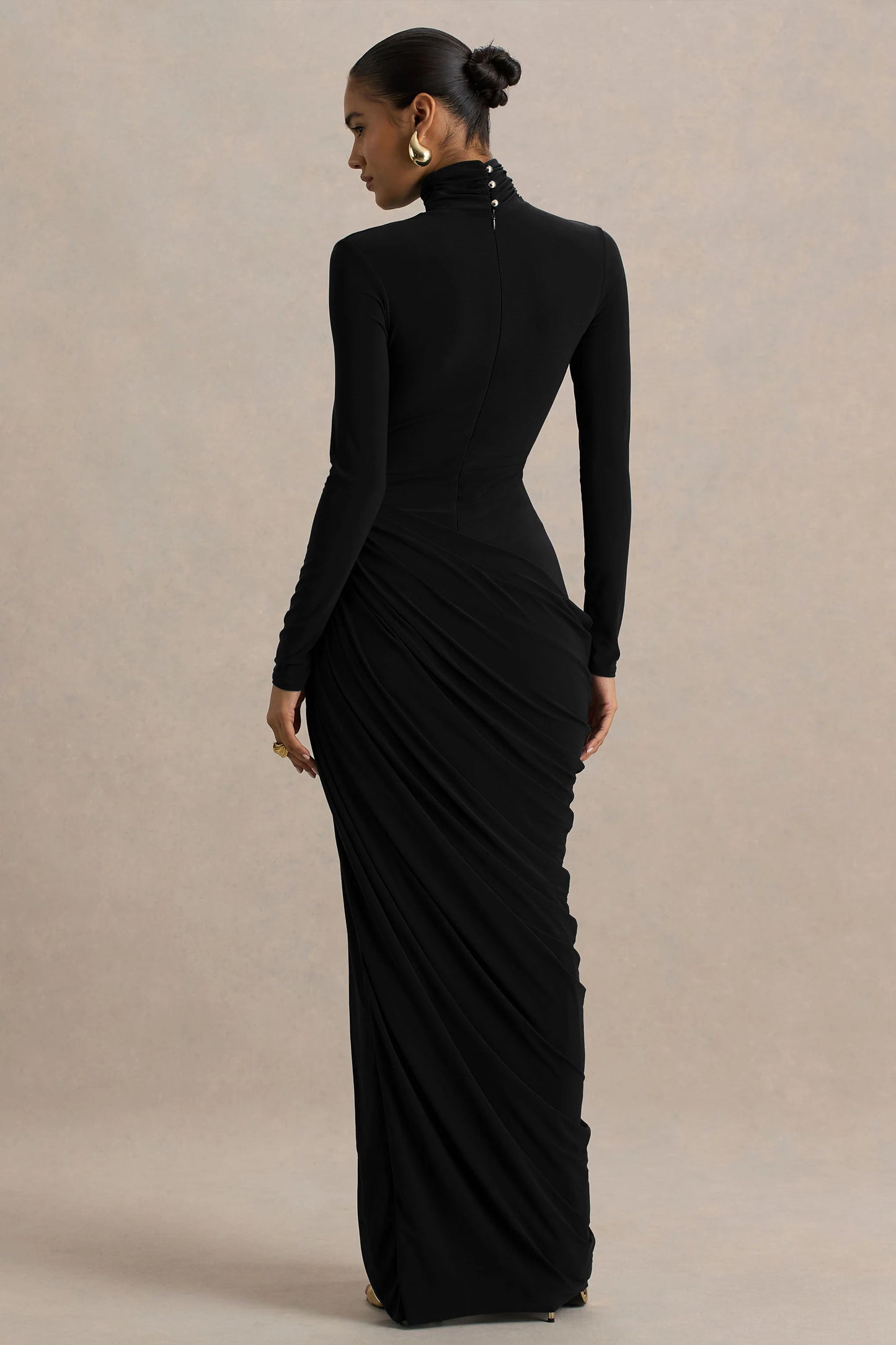 Betsy Black High-Neck Maxi Dress With Front Split And Ruched Detailing