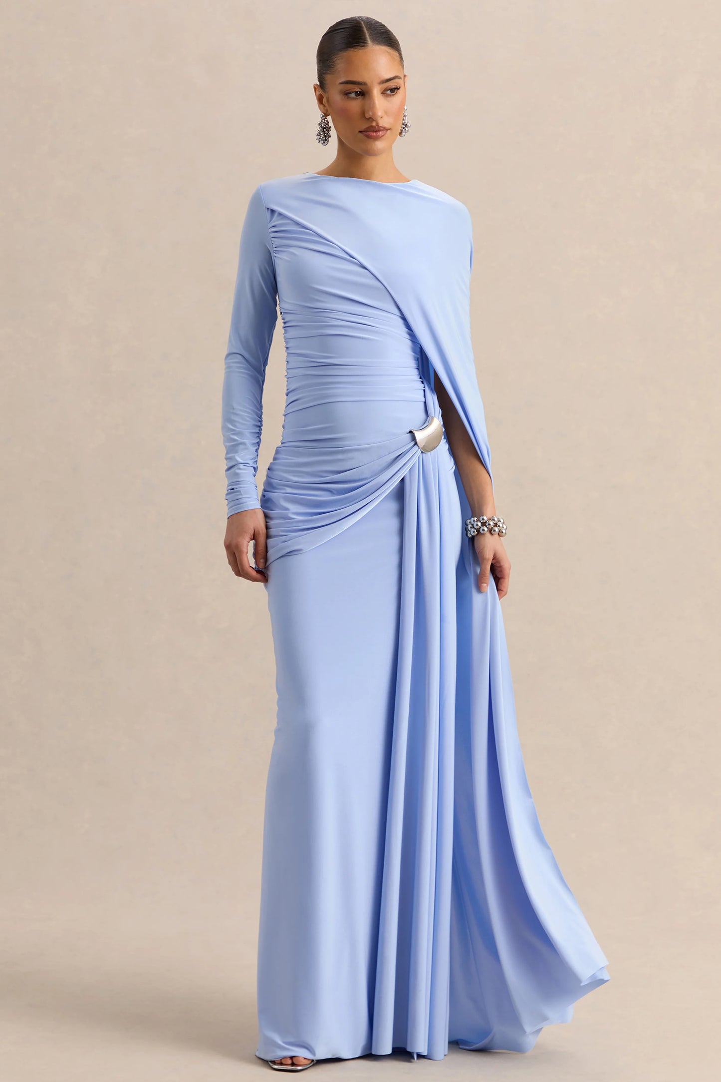 Orintha Powder Blue Wide-Neck Maxi Dress With Cape And Gold-Detail
