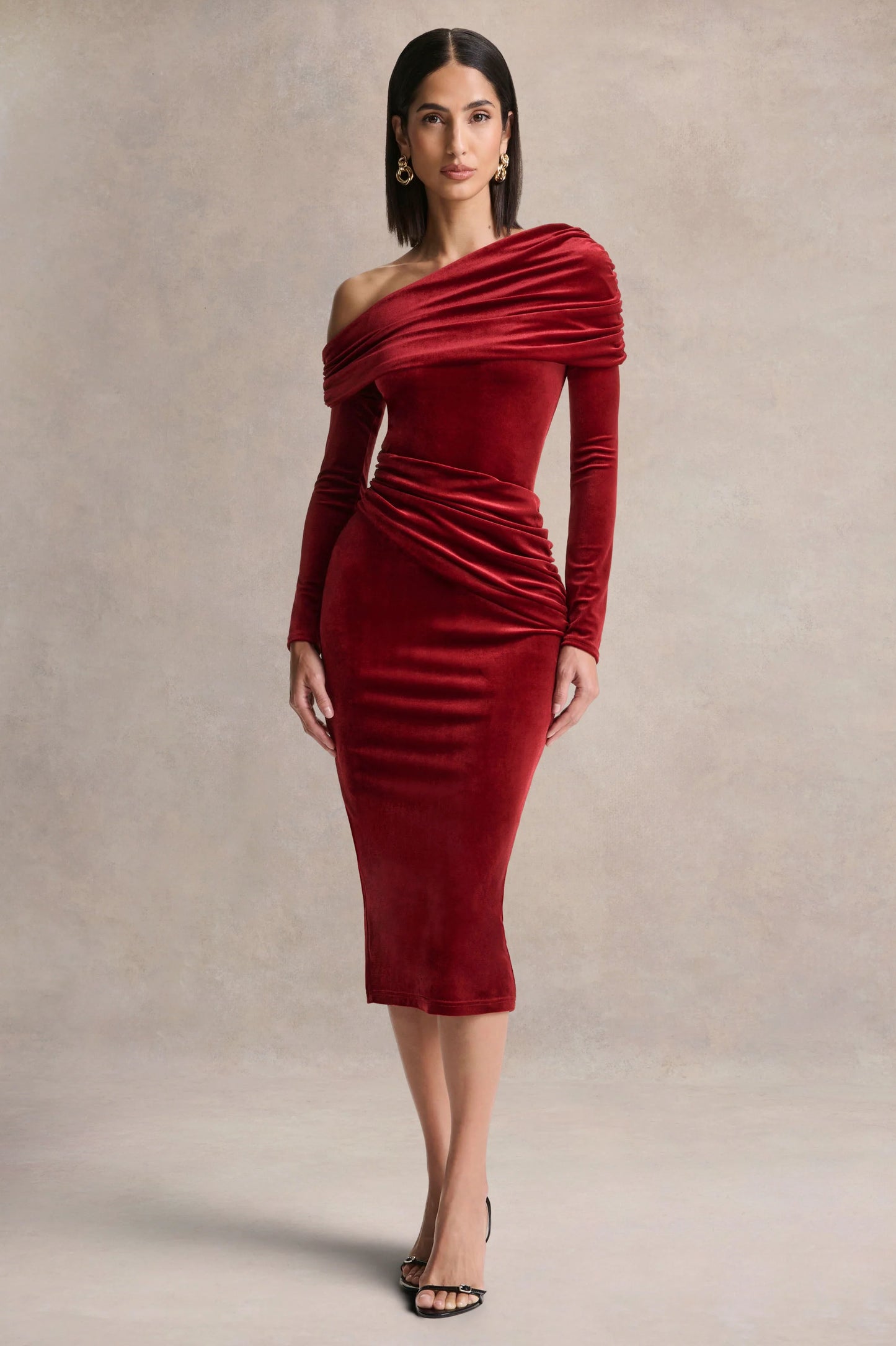 Eirene Red Velvet Asymmetric-Neck Midi Dress