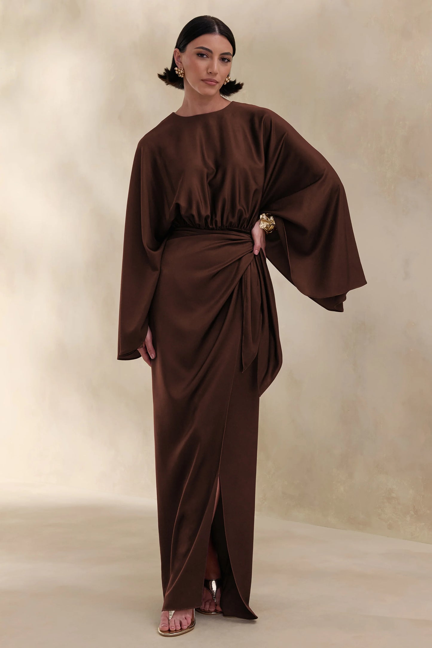 Delphina Brown Satin Maxi Dress With Gathered And Knot-Detail