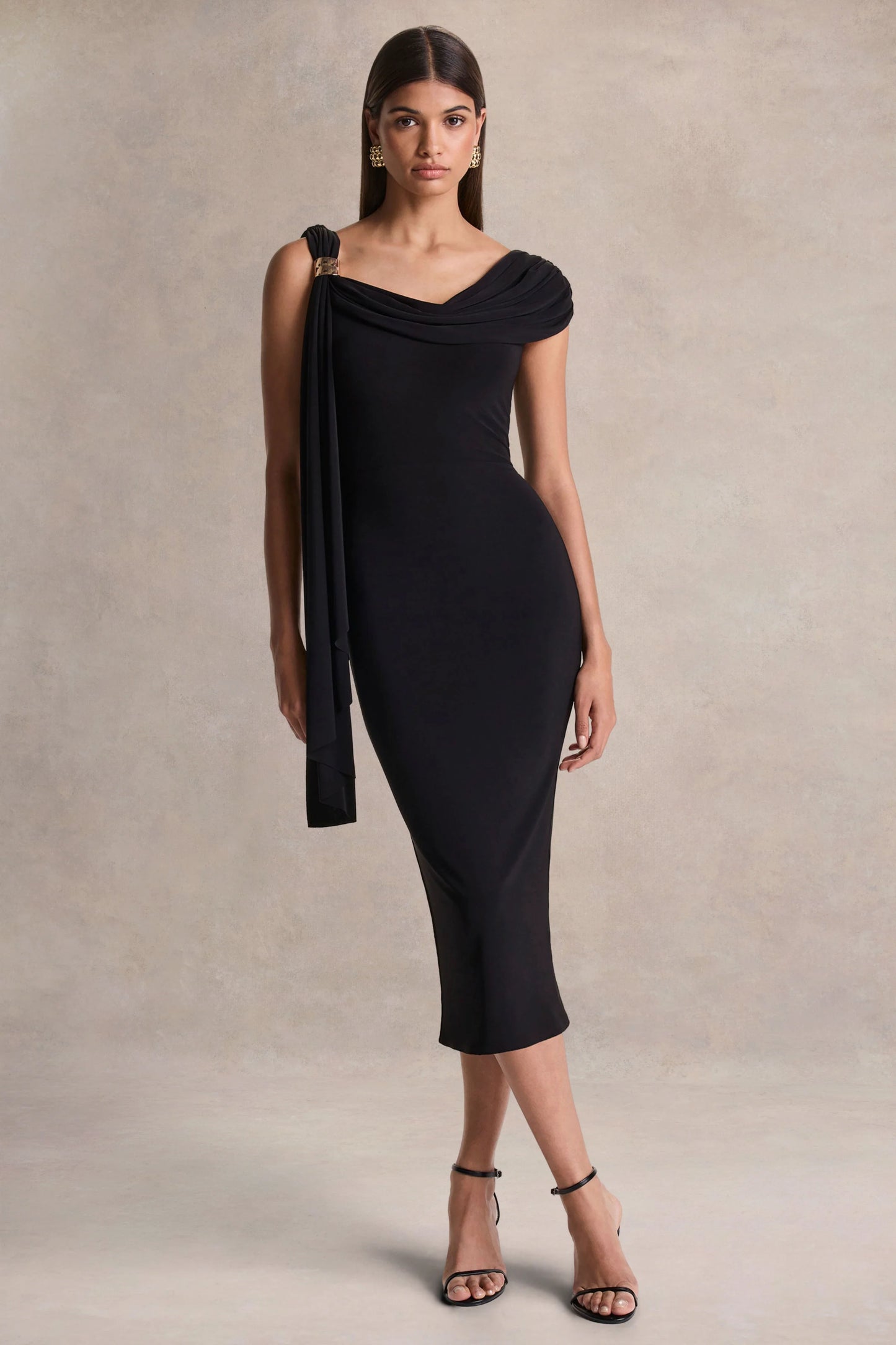 Mirelda Black Asymmetric-Neck Midi Dress With Gold-Detail