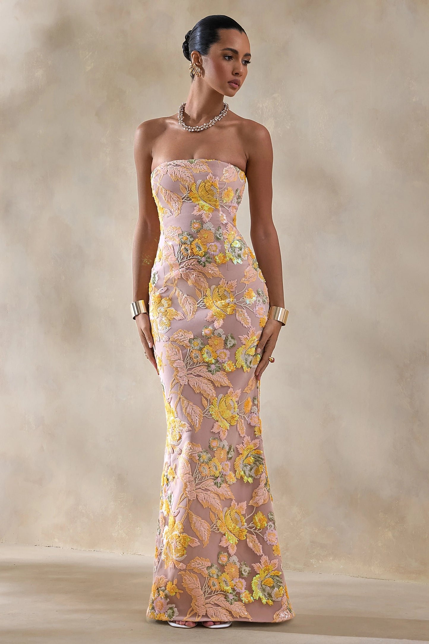 Severn Yellow Embellished Floral Bandeau Maxi Dress