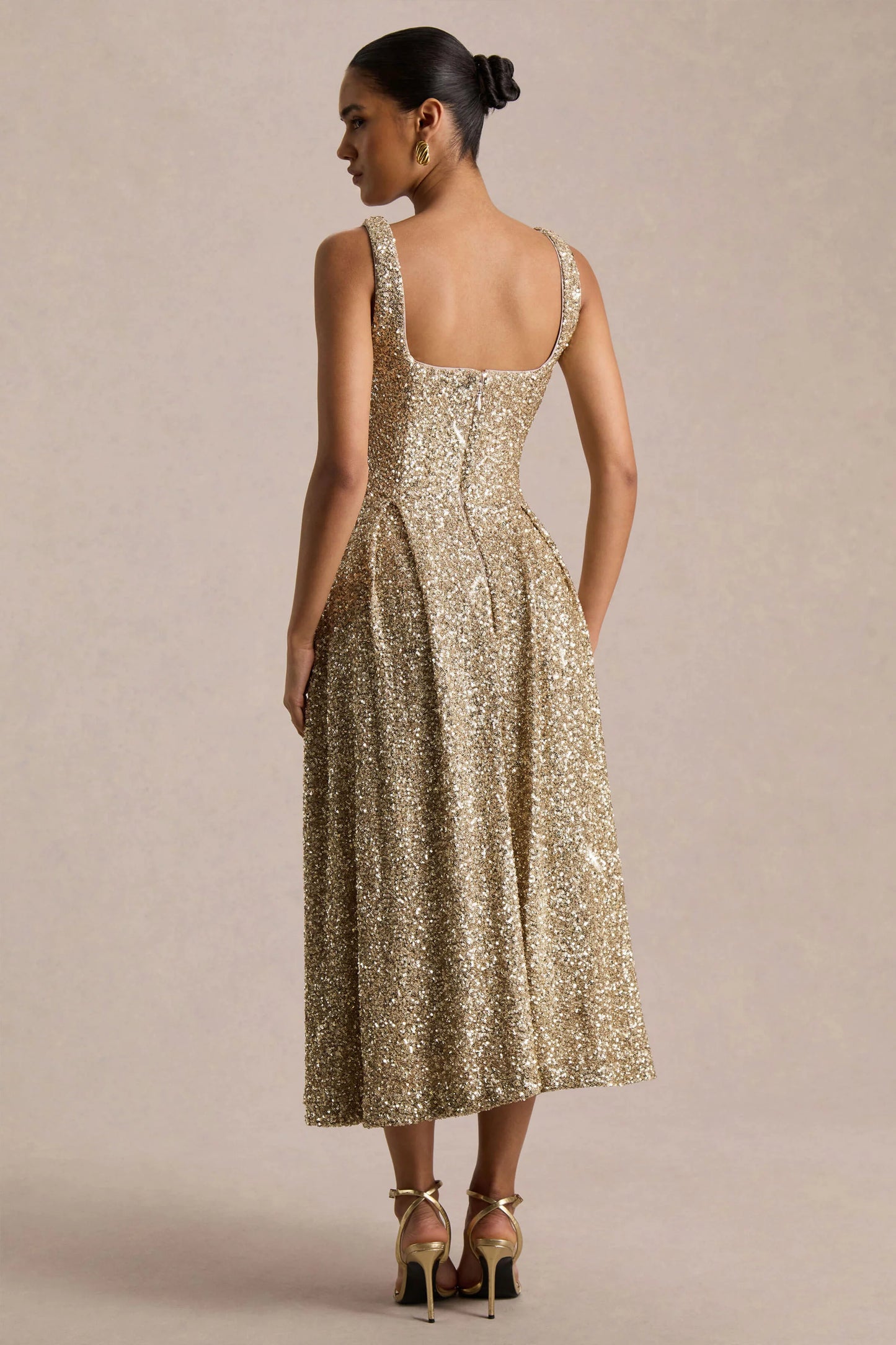 Lima Champagne Sequin Square-Neck A-Line Midi Dress