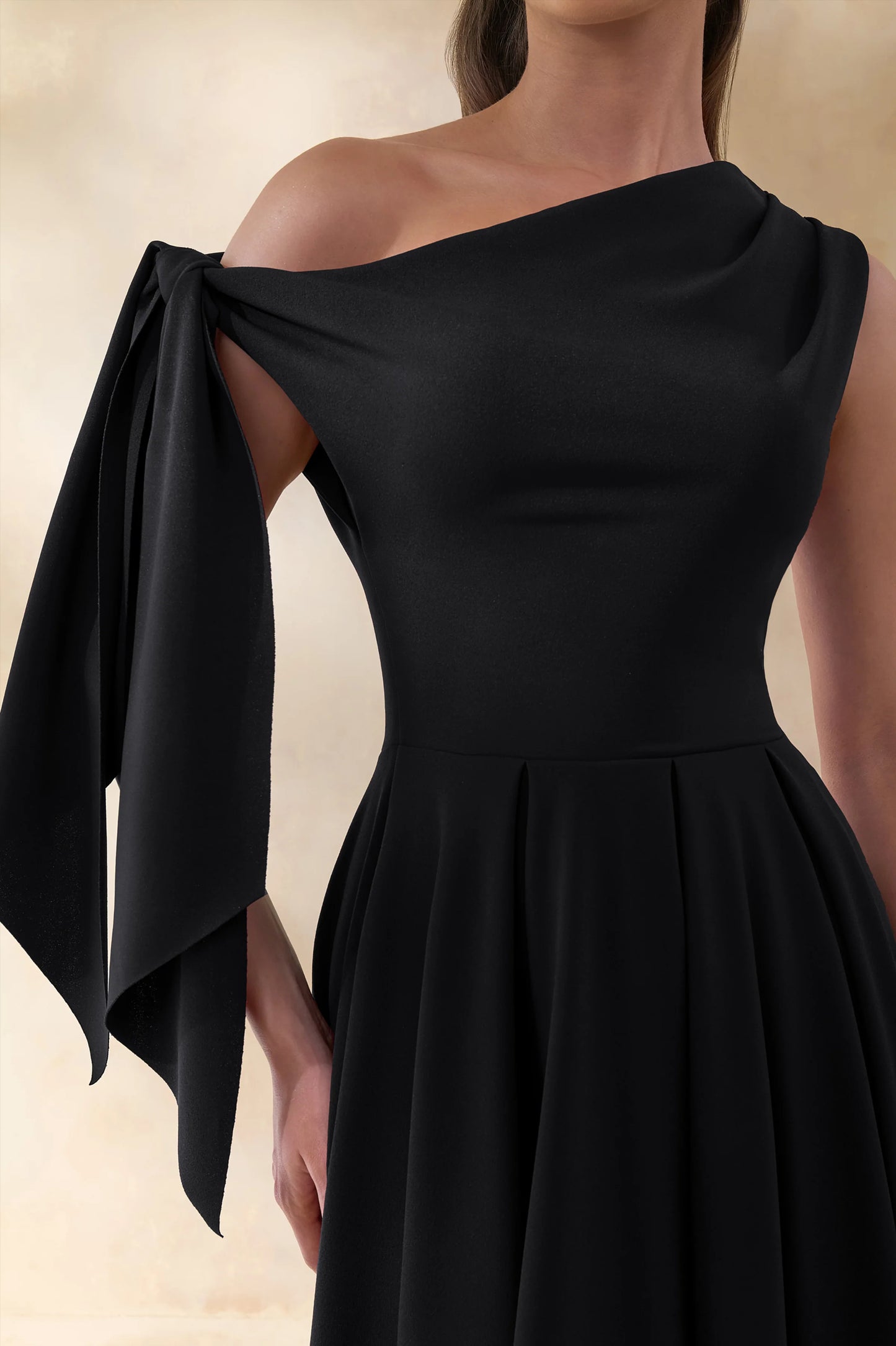 Daring Black Asymmetric-Neck Midi Dress With Knot-Detail
