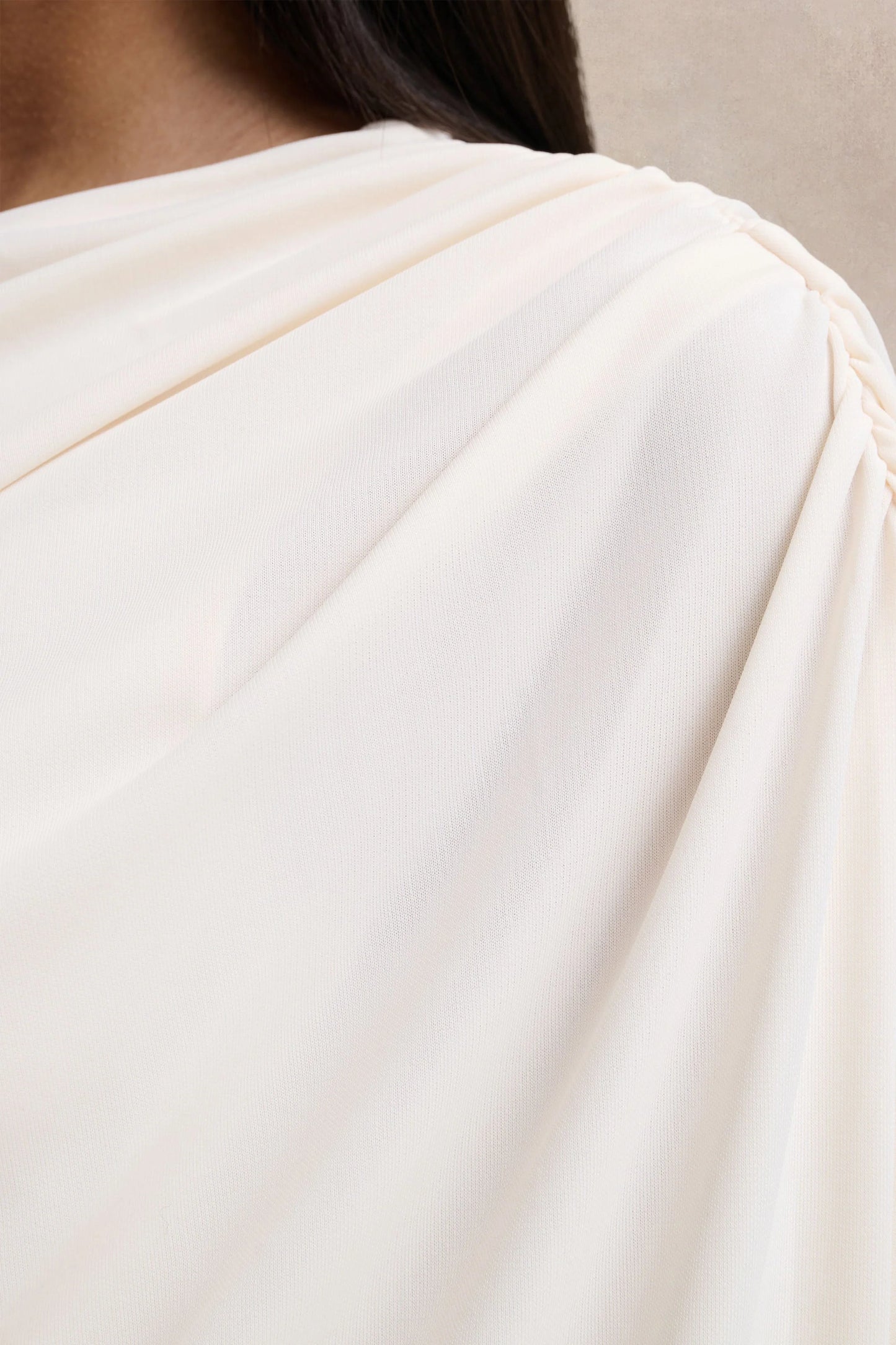 Olivia Cream Asymmetric-Neck Maxi Dress With Ruched Detailing Asymmetric-Hem