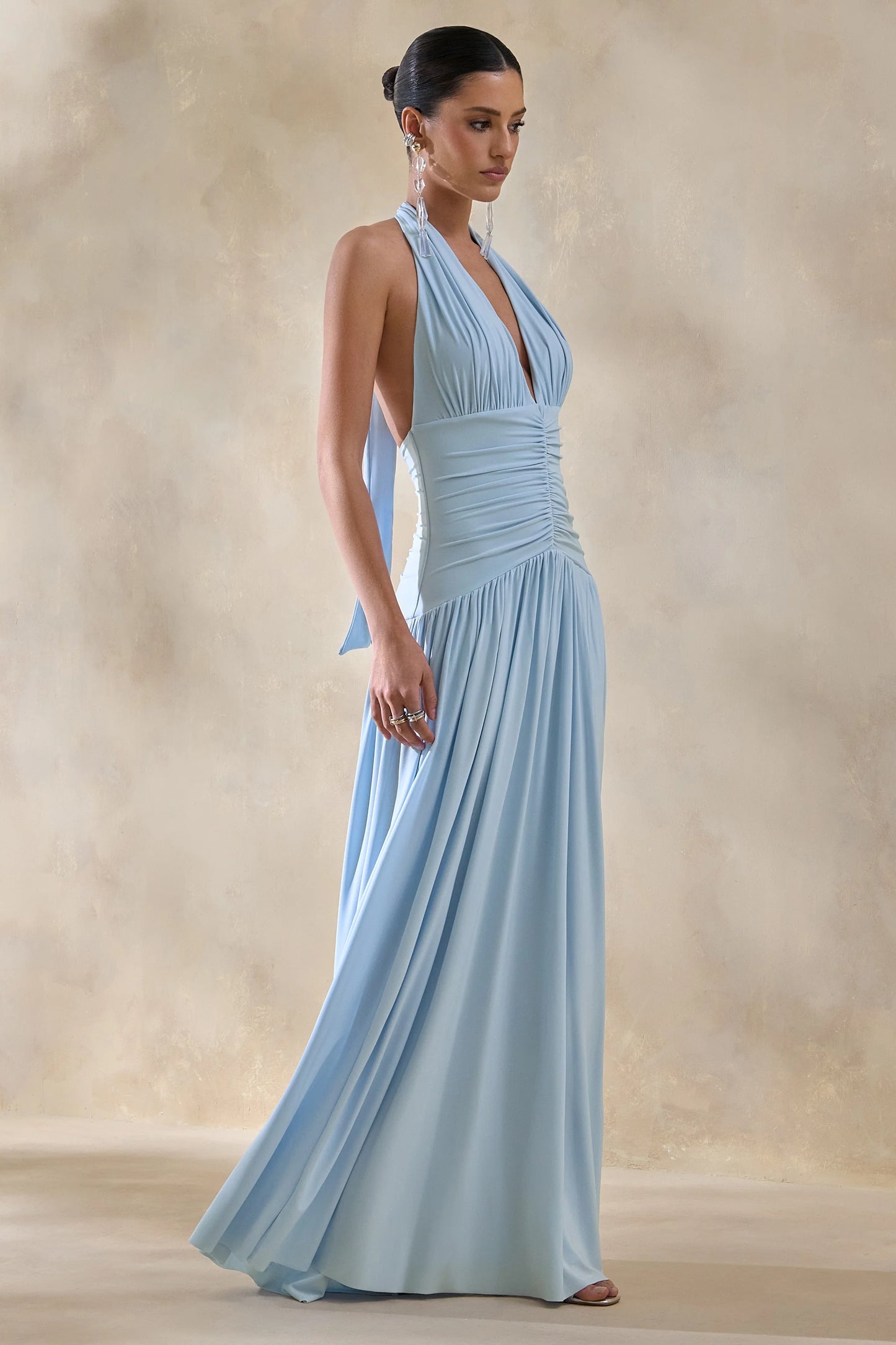 Bettina Powder-Blue Plunge-Neck Maxi Dress With Gathered-Detailing