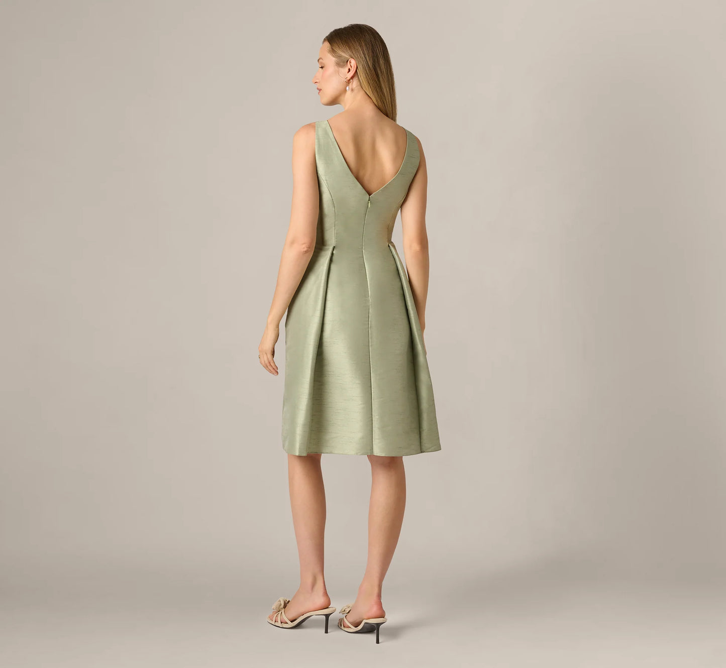 Dupioni Tie Front Fit And Flare Dress In Sage