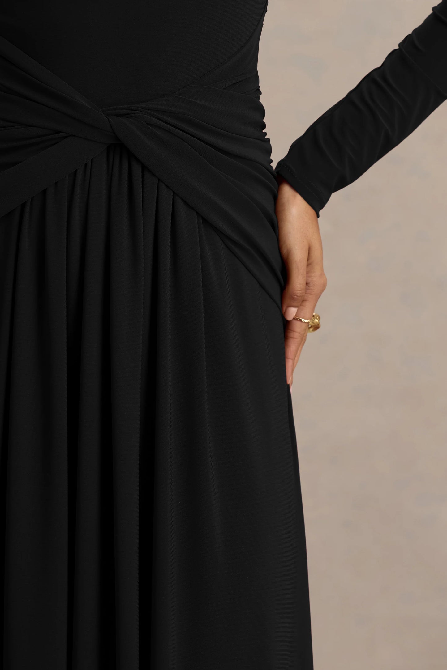 Estrella Black High-Neck Maxi Dress With Ruched Detailing