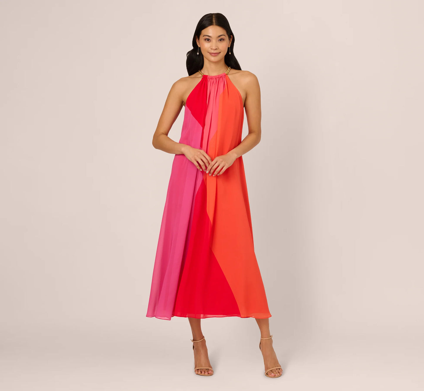 Color Block Chiffon Trapeze Dress With Chain Halter Neckline In Red Multi
