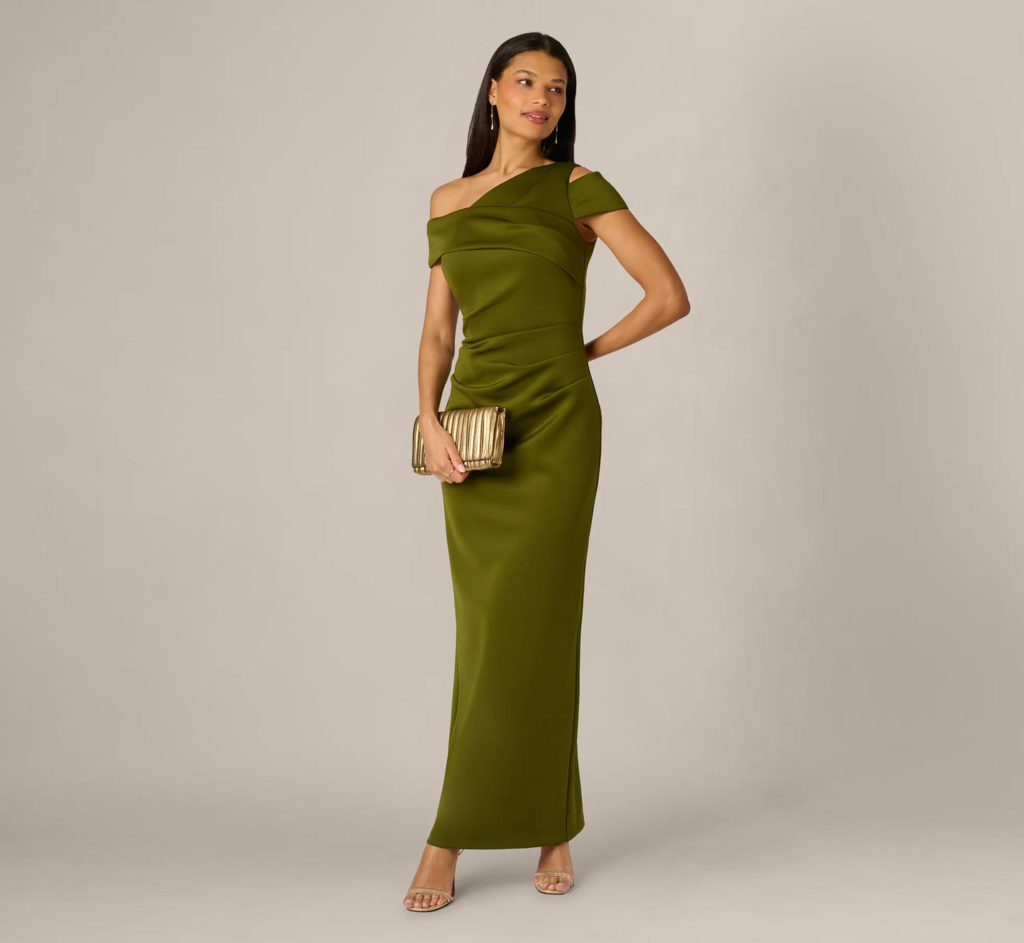 Asymmetrical Draped Column Gown In Jungle Olive