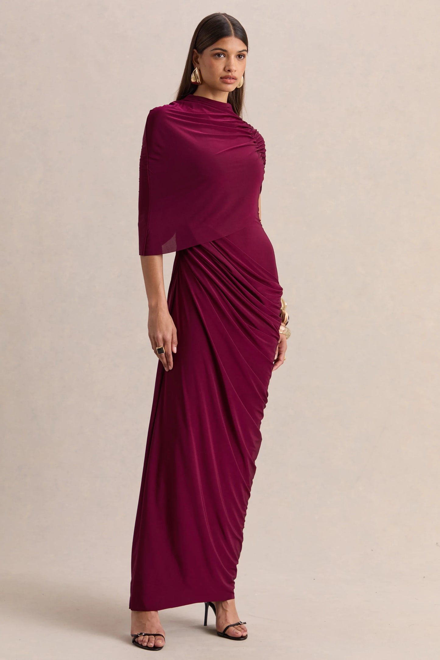 Lunaline Burgundy High-Neck Maxi Dress With Asymmetric Cape And Draped-Detailing
