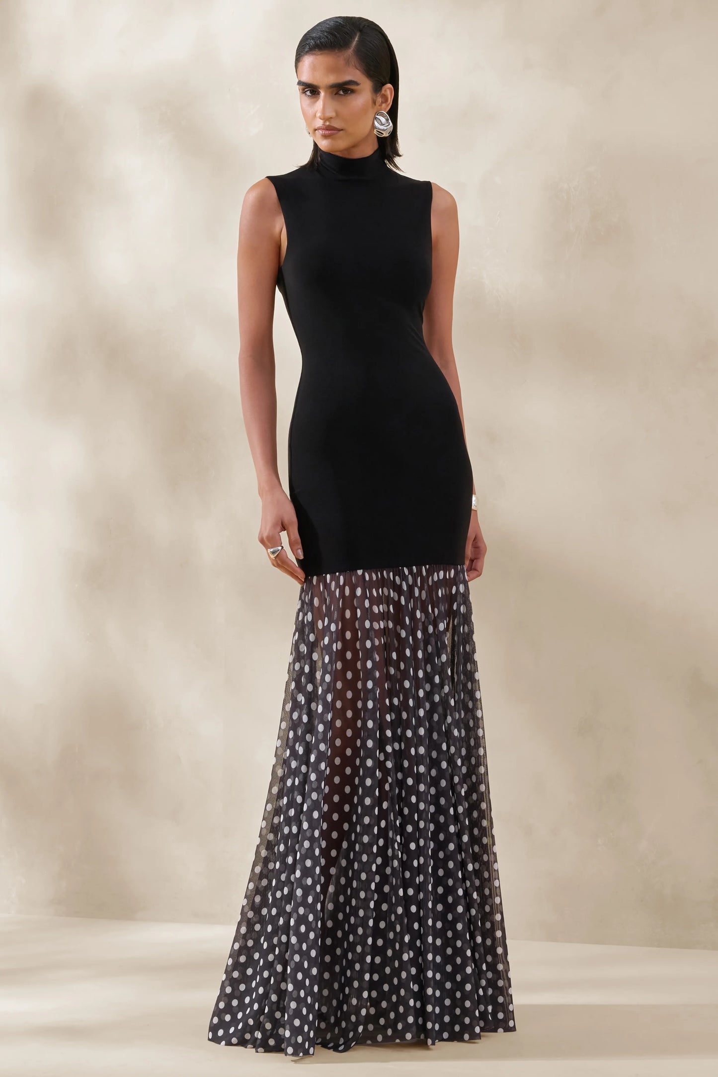 Felina Black High-Neck Maxi Dress With Sheer-Skirt