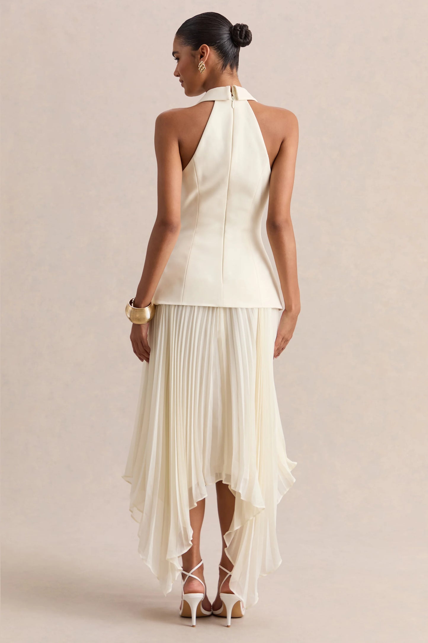 Marvelle Cream Plunge-Neck Maxi Dress With Hanky Hem