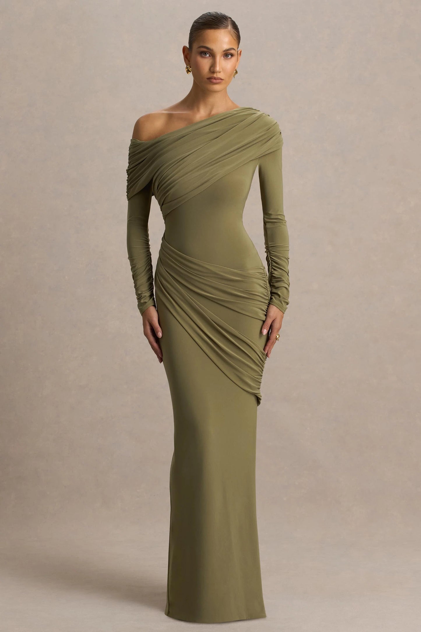 Perrie Olive Asymmetric-Neck Maxi Dress With Ruched Detailing