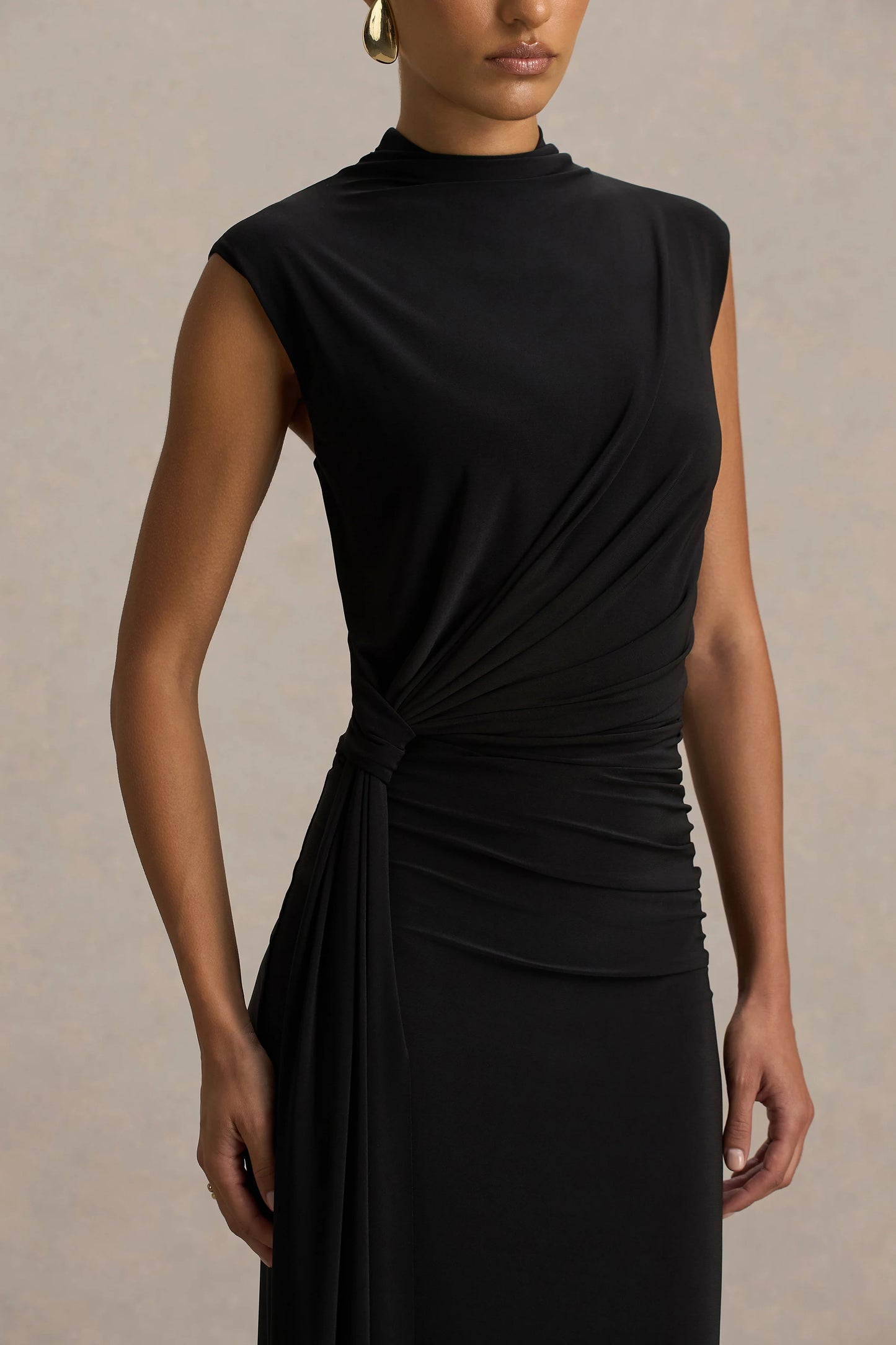 Solene Black High-Neck Maxi Dress With Wrap And Drape Detail