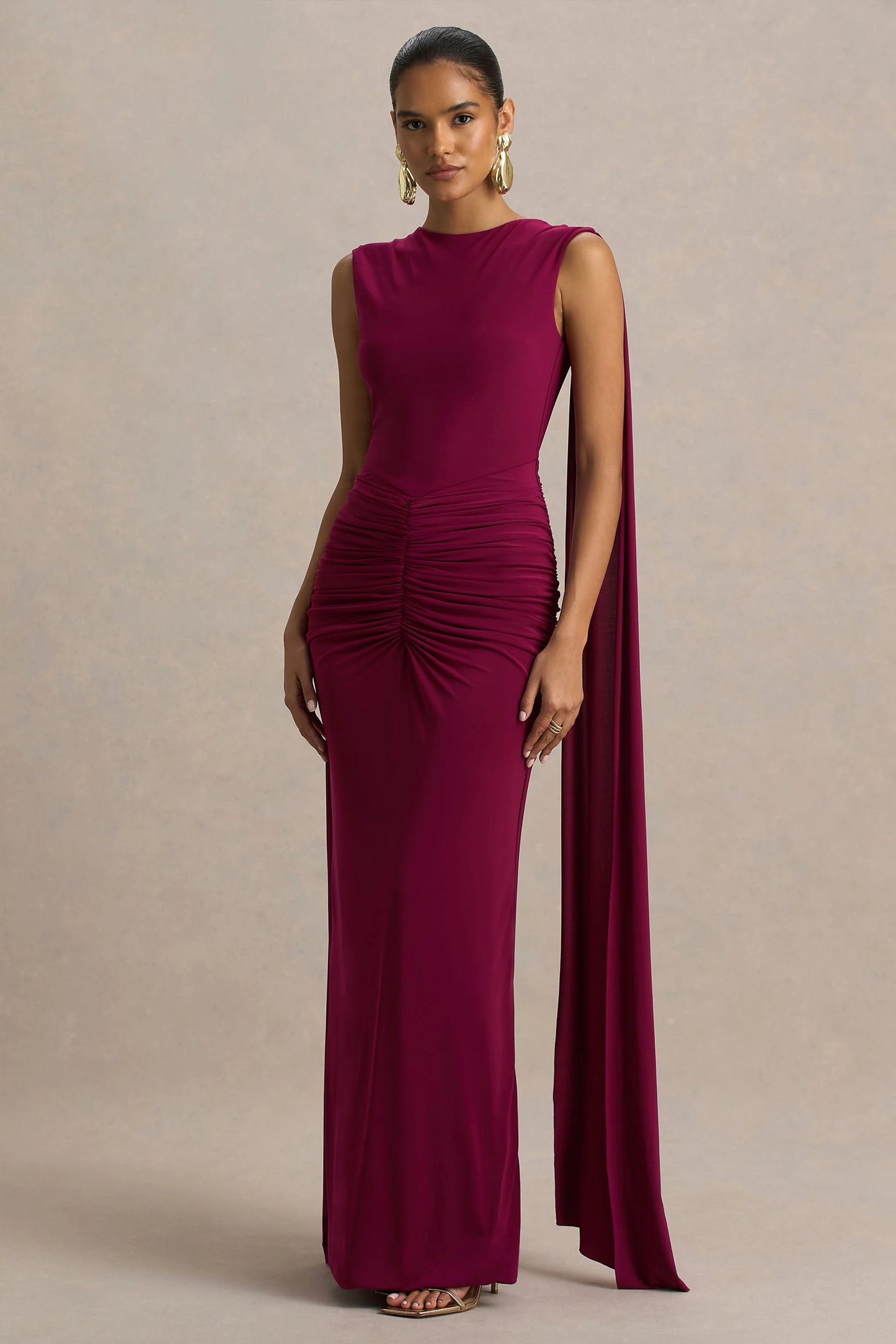 Premiere Burgundy Boat-Neck Maxi Dress With Open-Back And Cape-Sleeves
