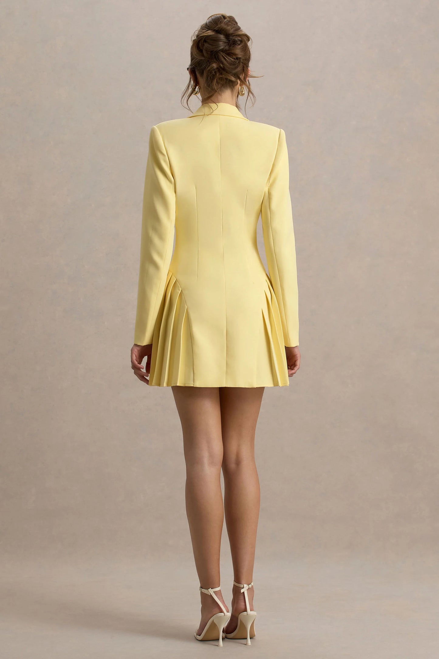 Blossoming Lemon Plunge-Neck Tailored Mini Dress With Pleating