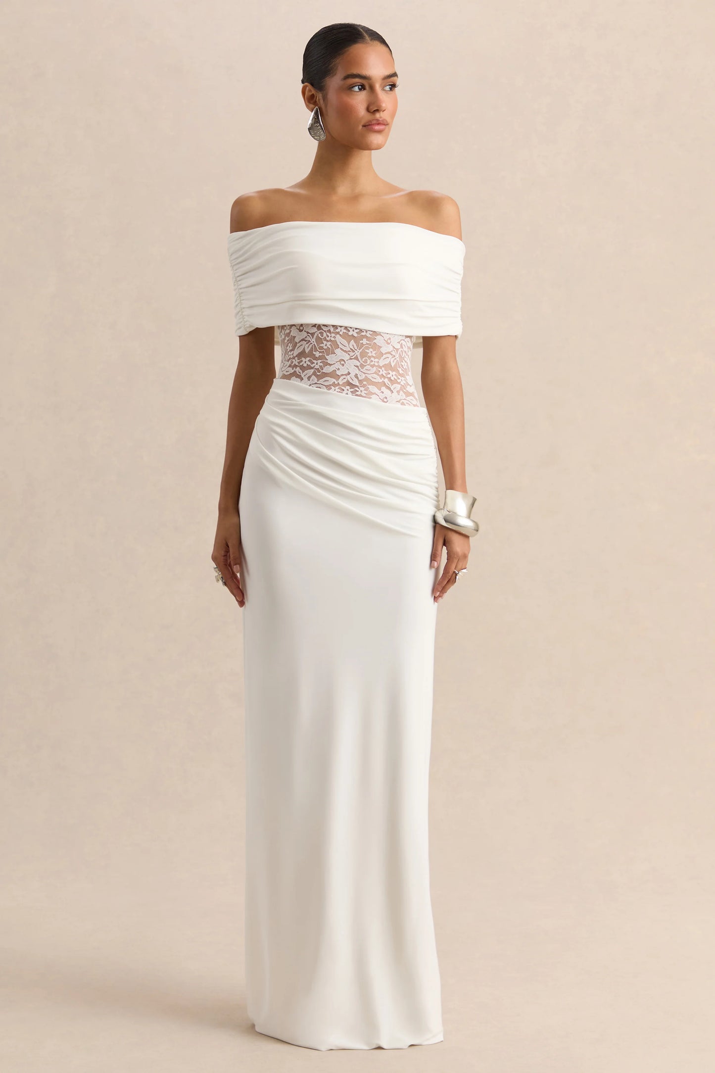 Forsya White Bardot-Neck Maxi Dress With Lace-Detailing