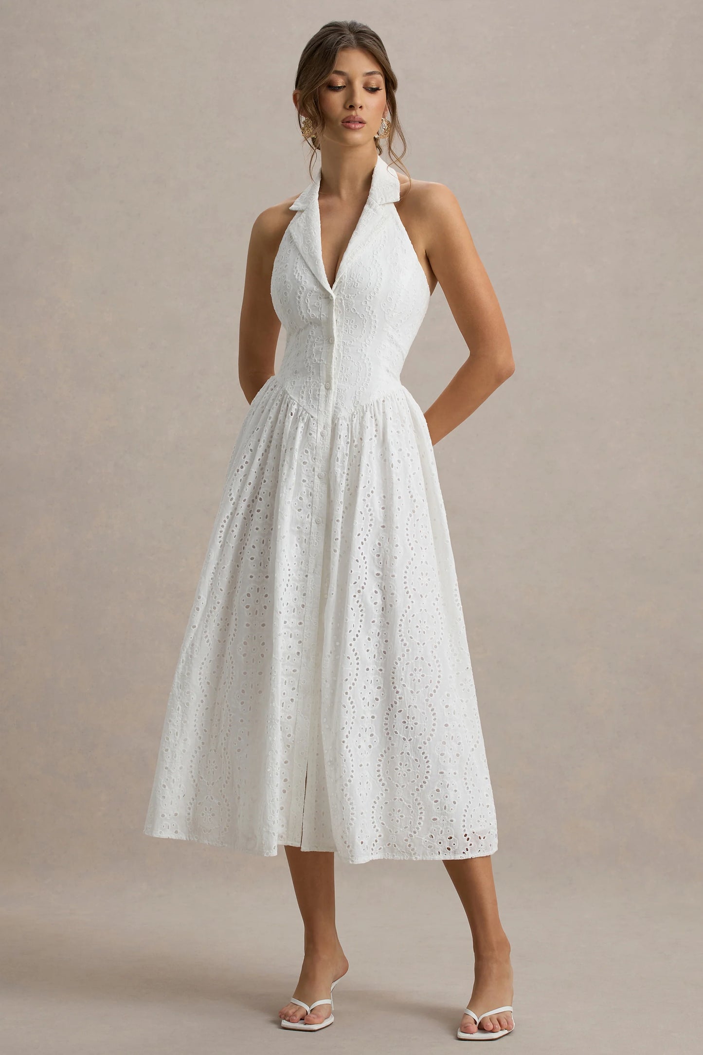 Jezebel White Lace Plunge-Neck Collared Midi Dress