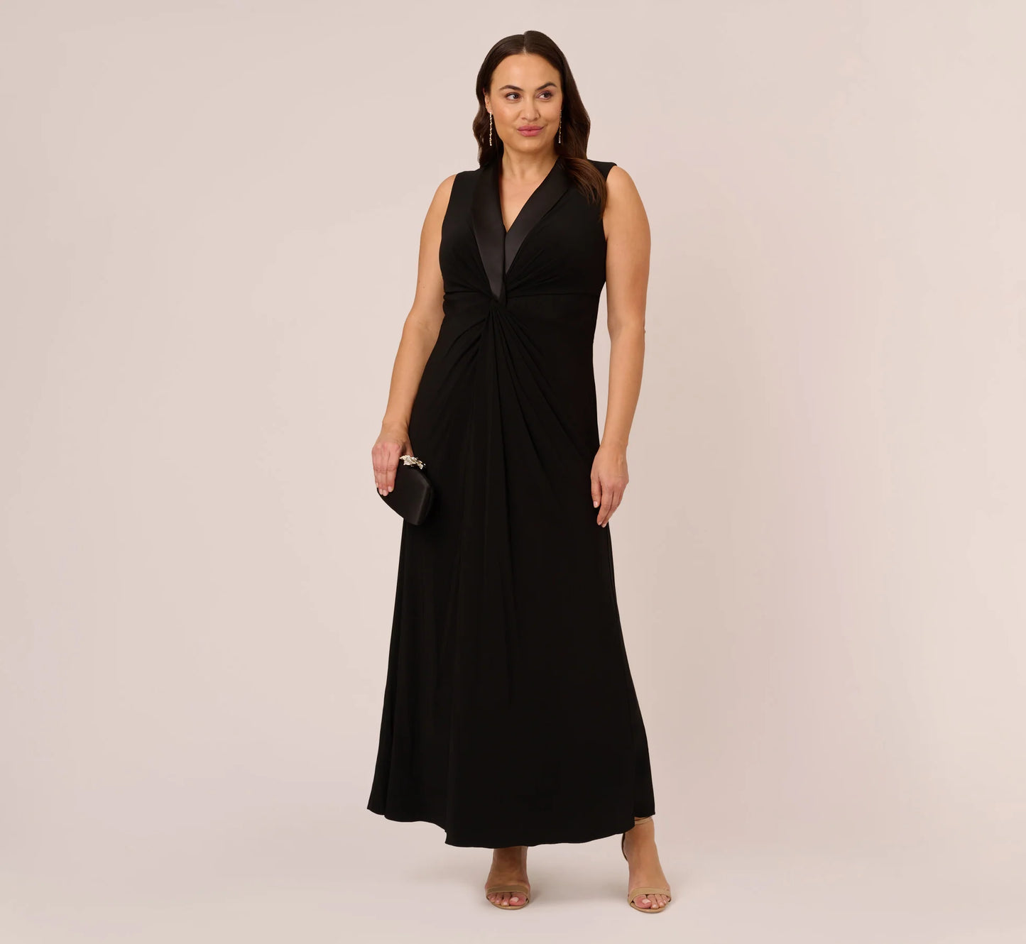 Plus Size Matte Jersey Twist Front Tuxedo Long Gown In Black