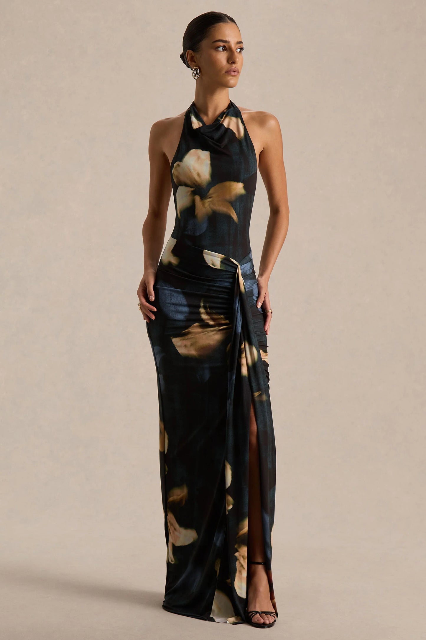 Sunflower Dark Lily Print High-Neck Maxi Dress With Front-High Split
